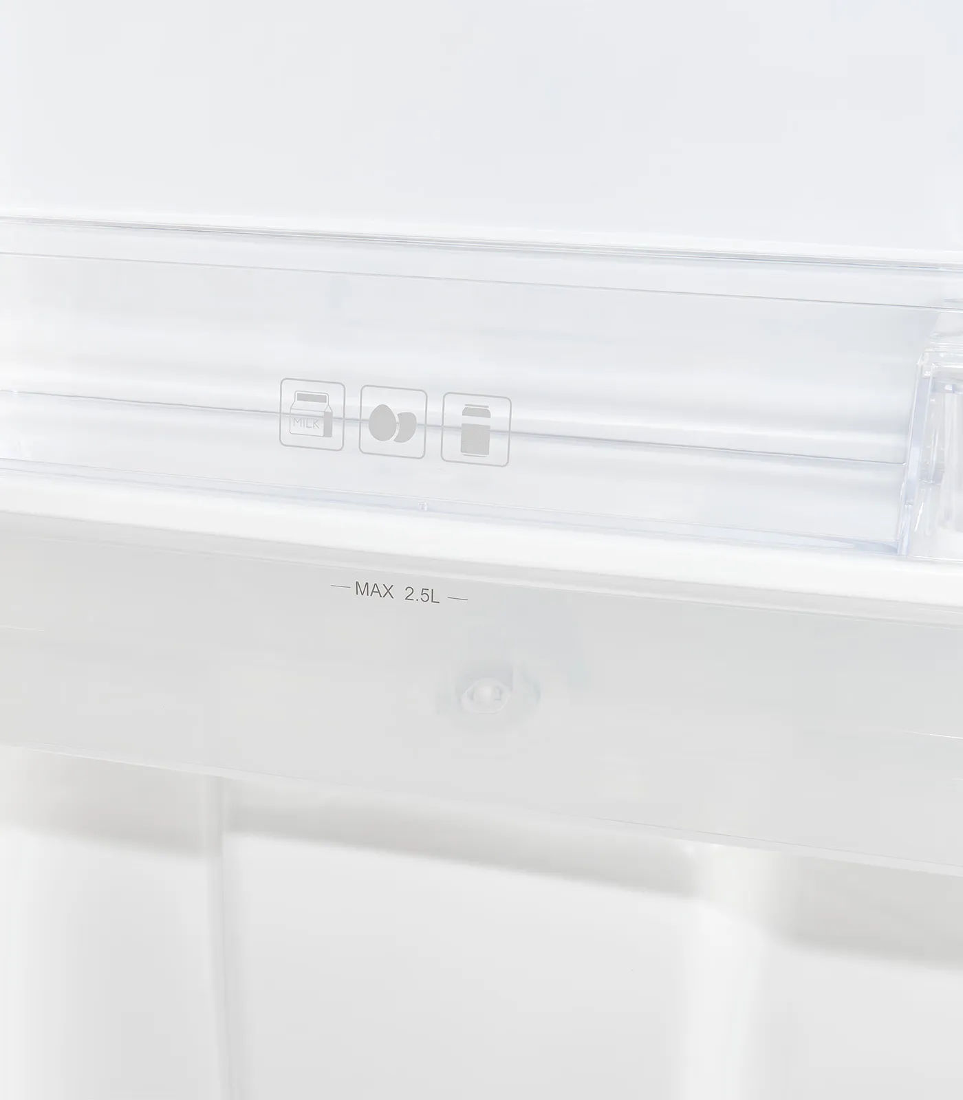 Transparente Kühlschranktürablage mit Milch-, Eier- und Flaschensymbolen sowie Max 2.5L Kennzeichnung.