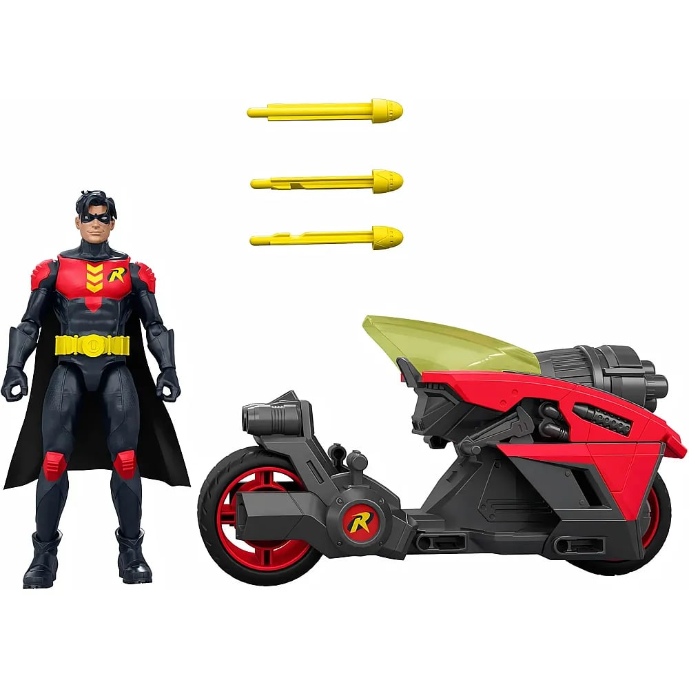Robin-Actionfigur mit einem rot-schwarzen Motorrad und drei gelben Raketen auf weißem Hintergrund.