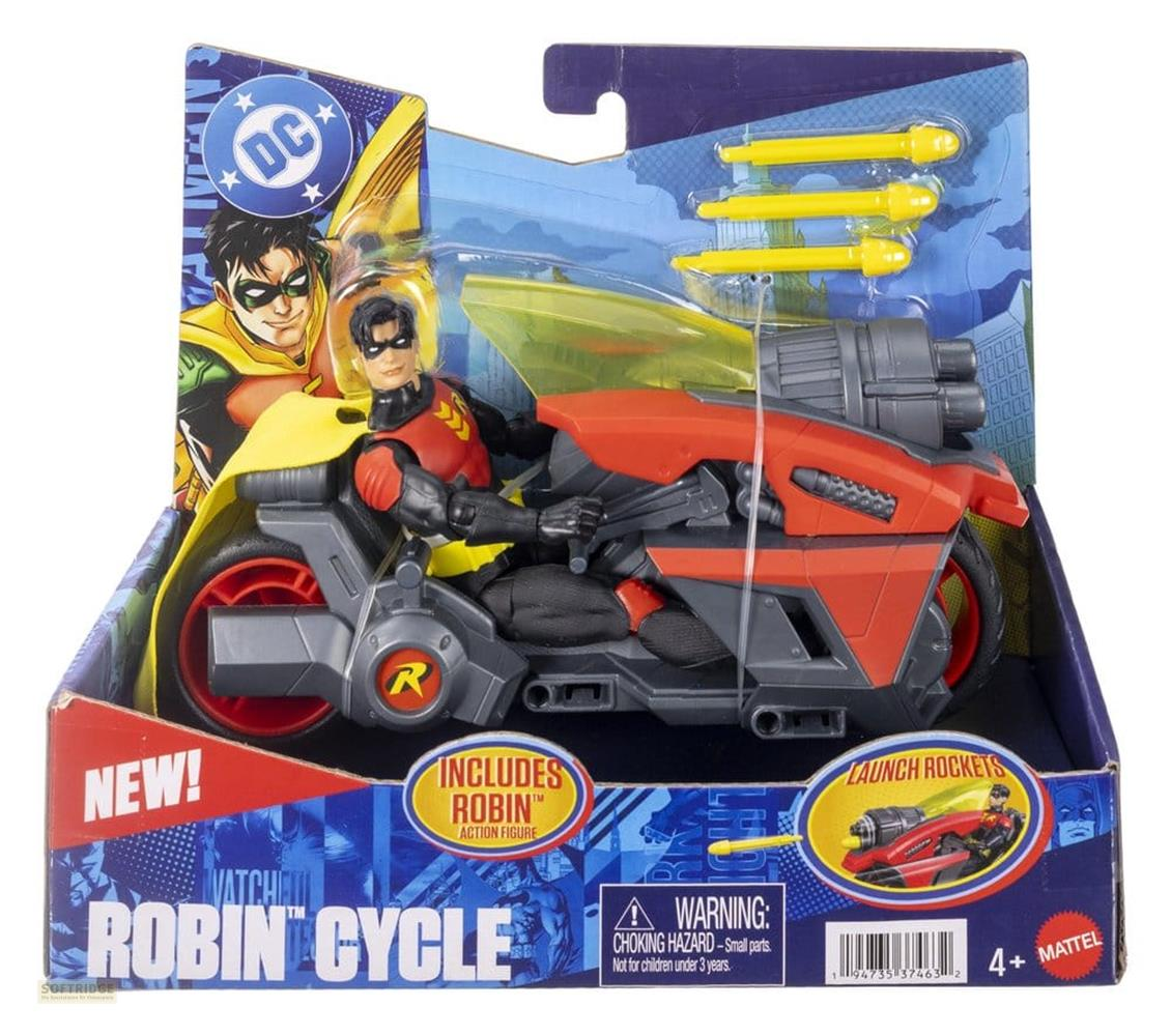 DC Robin Actionfigur auf einem roten und grauen Motorrad mit drei gelben Raketen in der Verpackung.