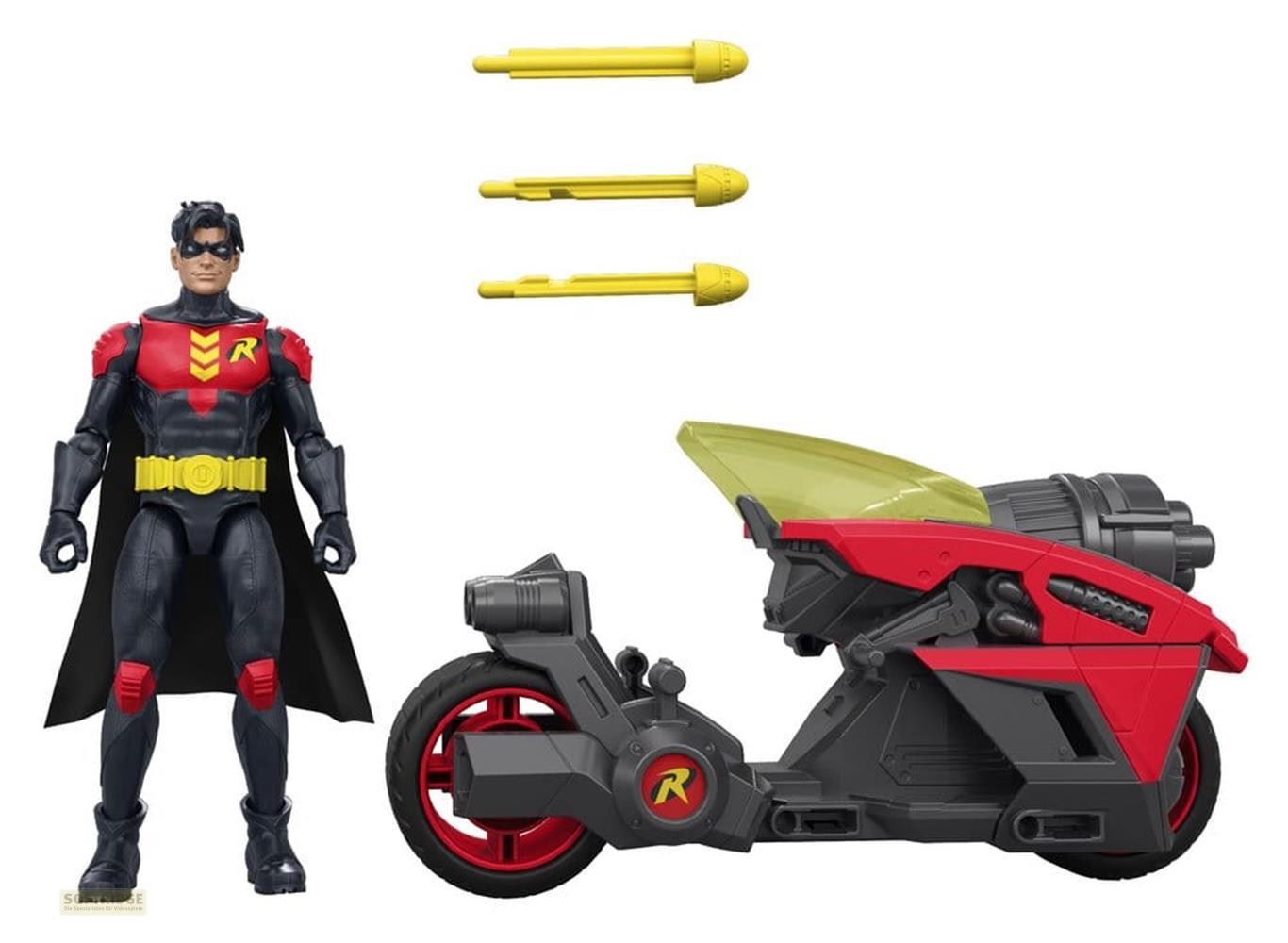 Actionfigur von Robin mit Umhang, ein rotes Motorrad und drei gelbe Geschosse auf weißem Hintergrund.