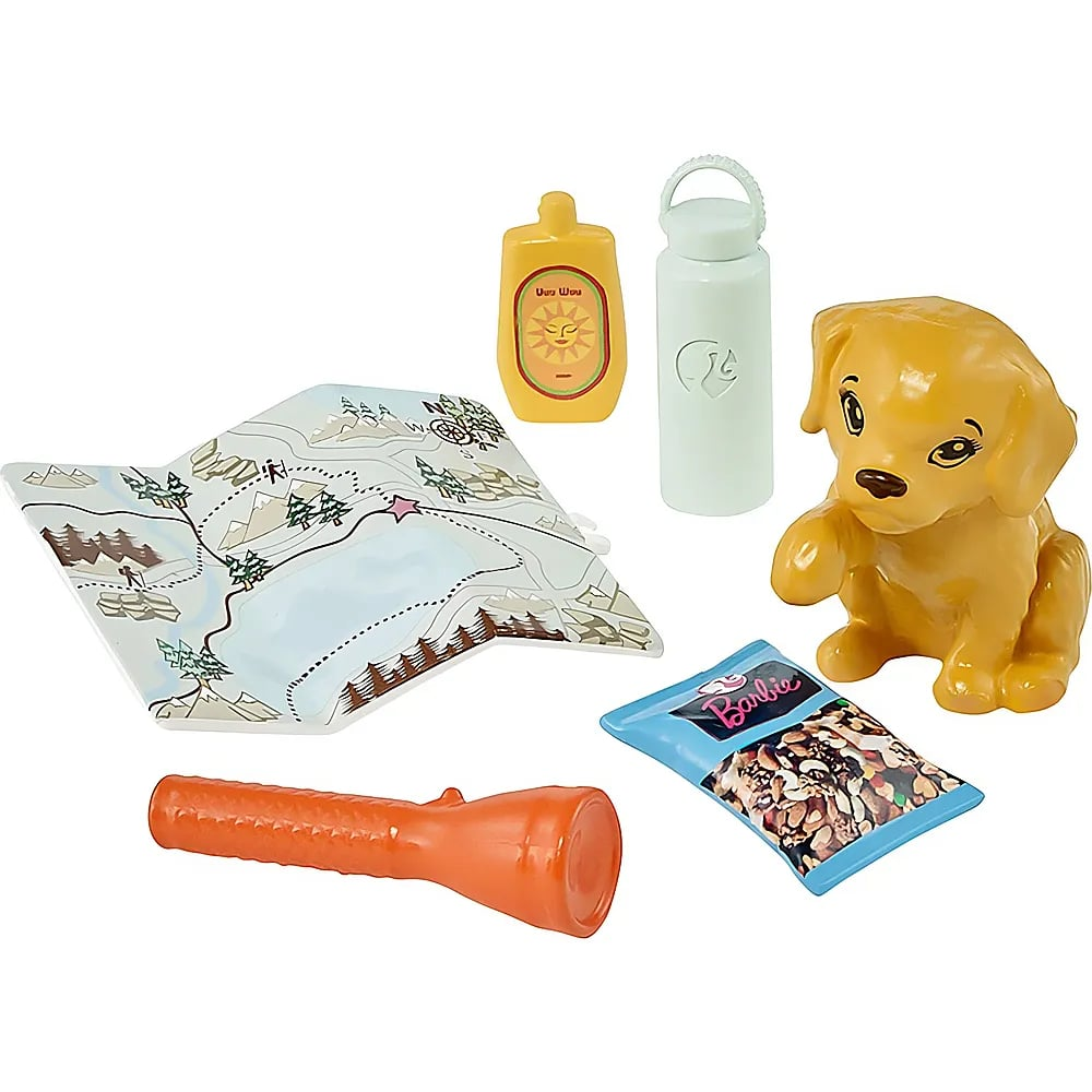 Ein gelber Welpe mit Wanderzubehör wie einer Karte, einer Wasserflasche, Sonnencreme und Snacks.