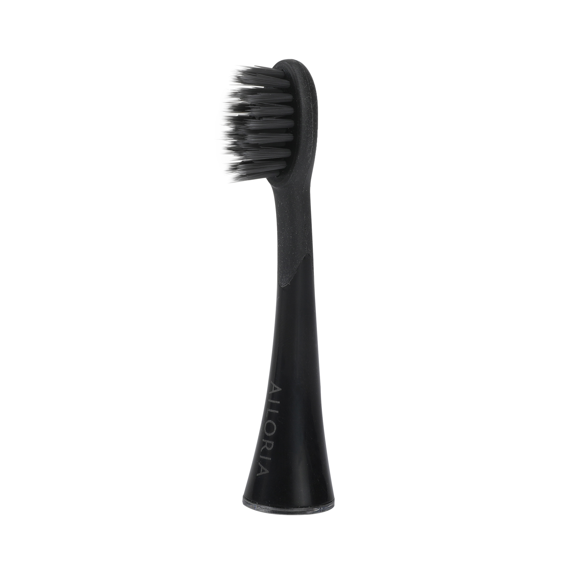 Cabezal de cepillo de dientes eléctrico negro con cerdas oscuras y la marca Alloria.