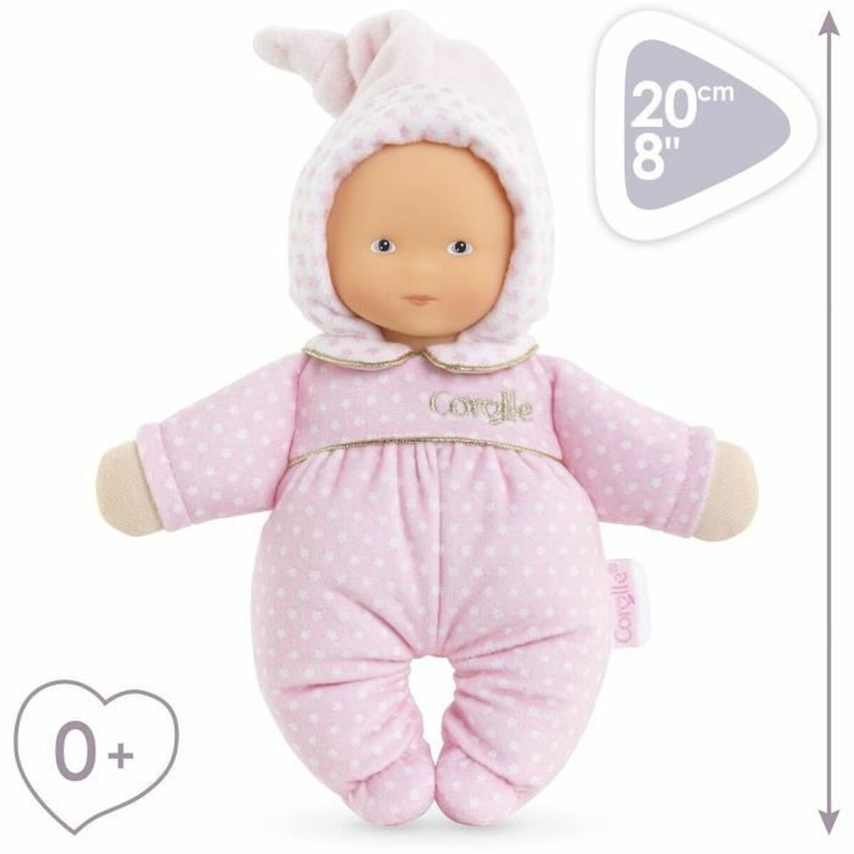 Eine weiche, rosa-weiß gestreifte Babypuppe mit passendem Pyjama und Kapuze, mit 20cm-Größe und 0+-Altersangabe.