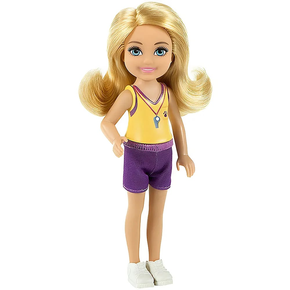 Eine blonde Puppe mit gelbem Top, lila Shorts, weißen Turnschuhen und einer Pfeifenkette.