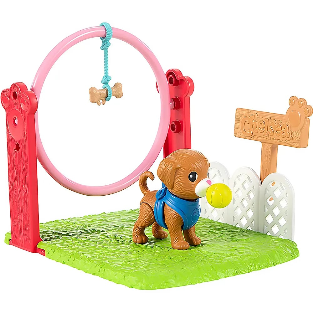 Spielset mit braunem Welpen, blauem Gurt, gelbem Ball, rosafarbenem Reifen, weißem Zaun und Schild auf grünem Rasen.
