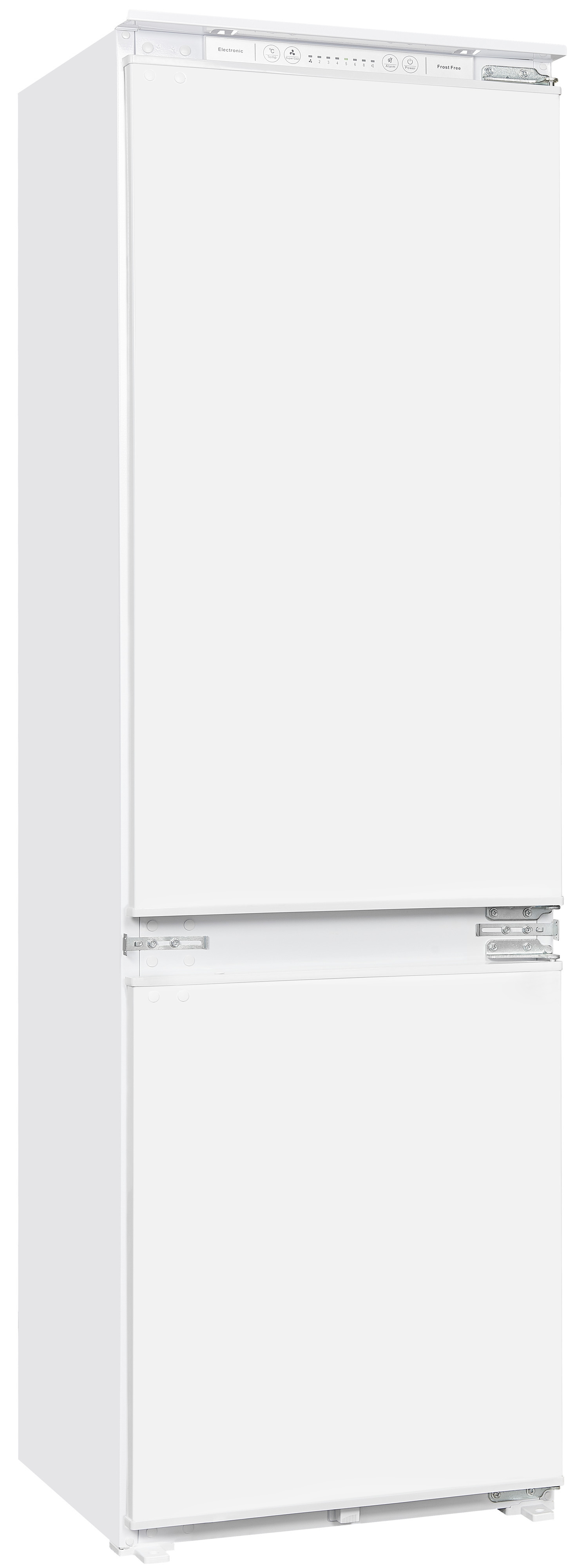 Un refrigerador empotrable blanco con un panel de control integrado arriba sobre fondo blanco.