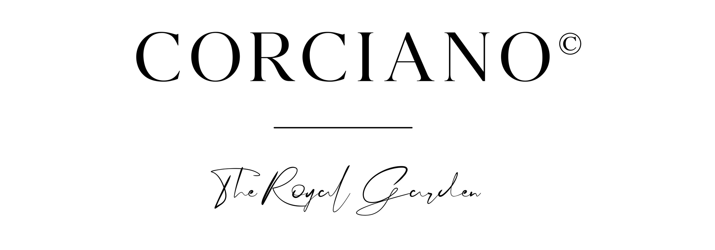 Czarne logo Corciano z napisem "The Royal Garden" poniżej na białym tle.