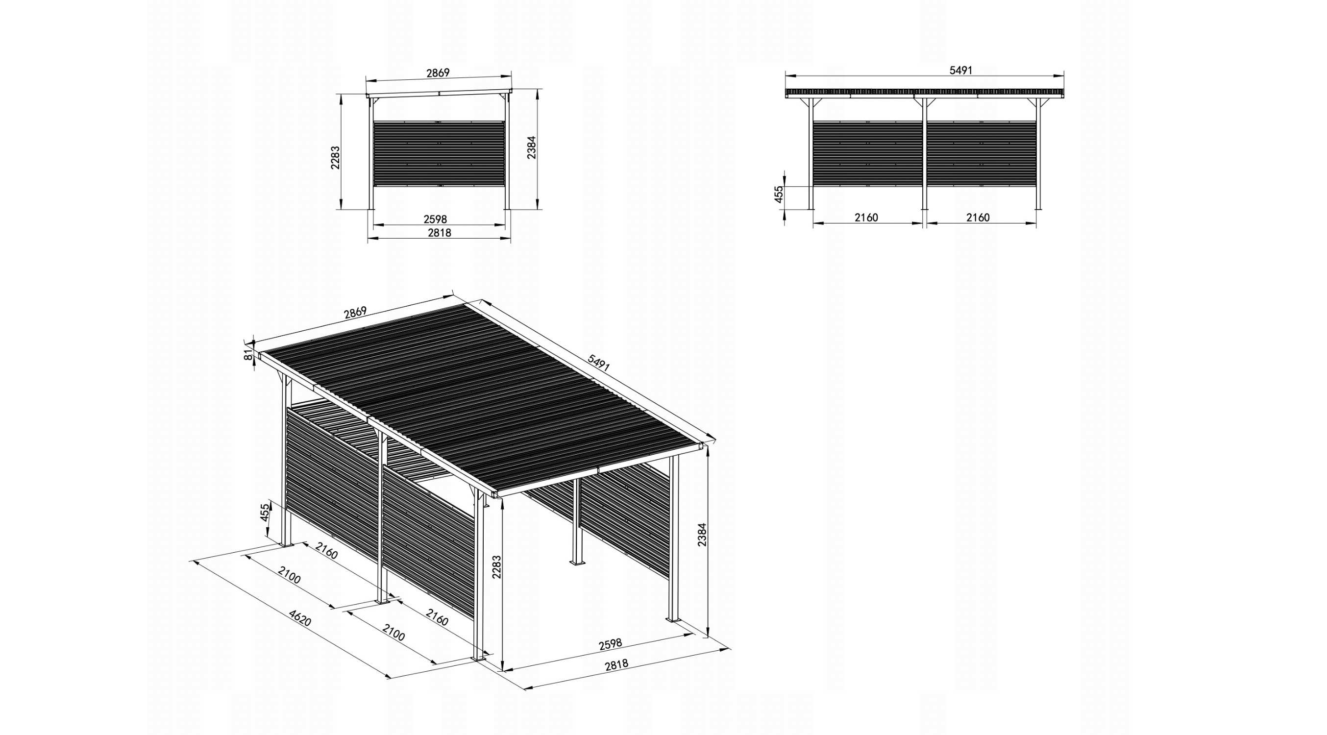 Projekt techniczny zadaszonej konstrukcji z wymiarami pokazanymi pod wieloma kątami.