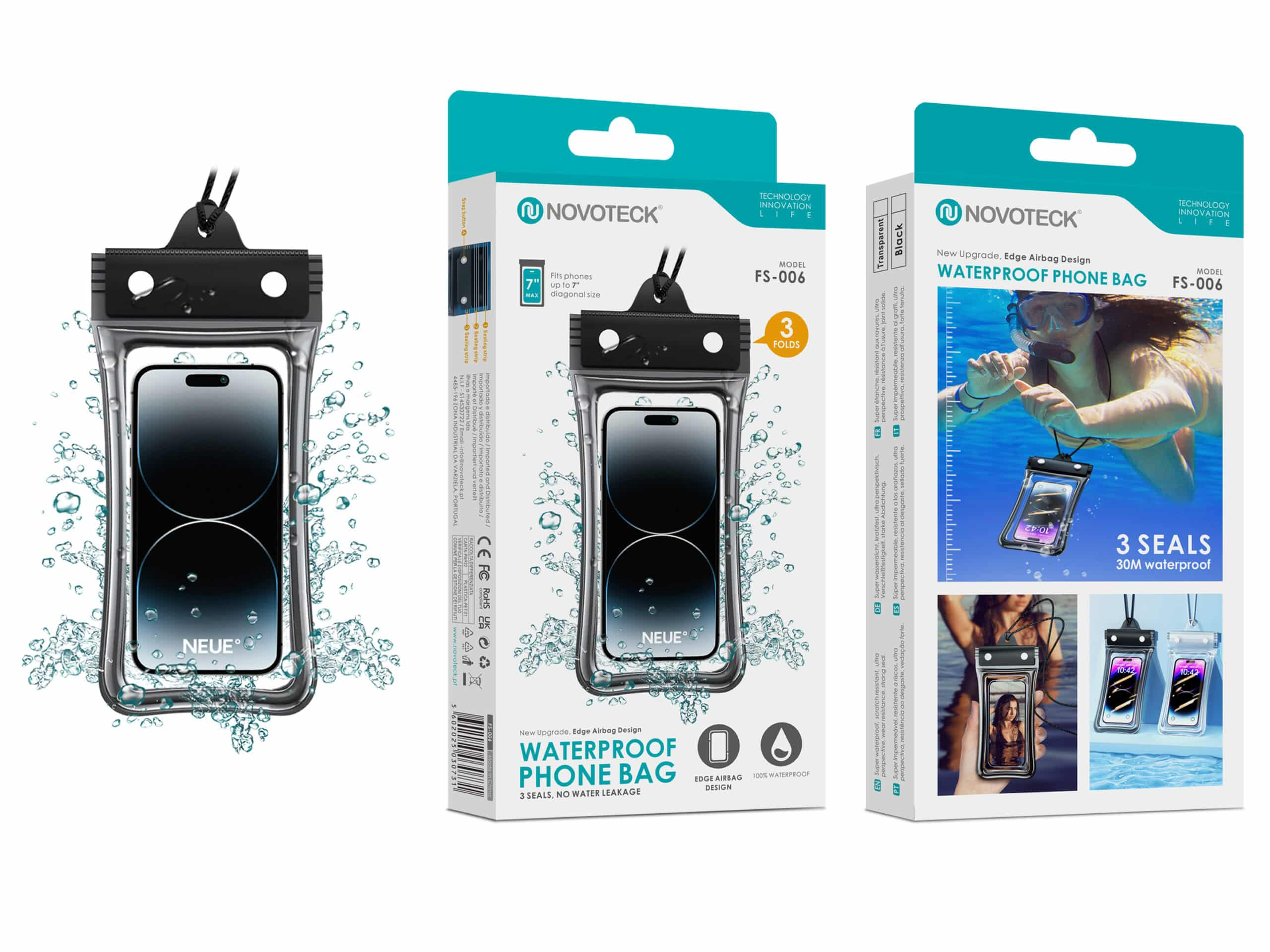 Bolsa impermeable para teléfono Novoteck con cordón y su embalaje.