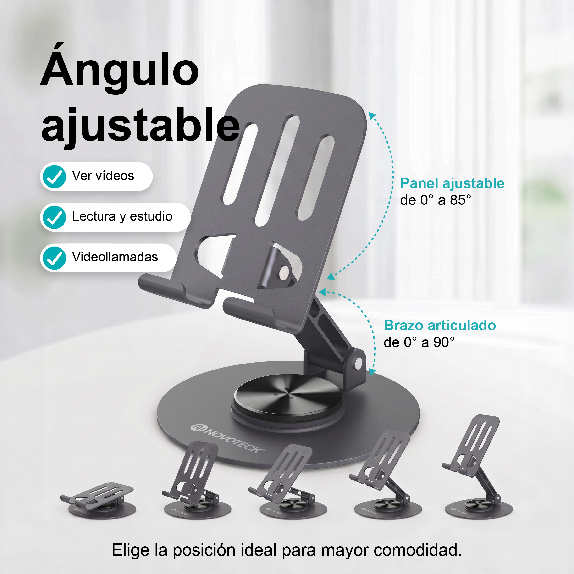 Soporte ajustable gris para móvil y tableta con base giratoria y texto en español.
