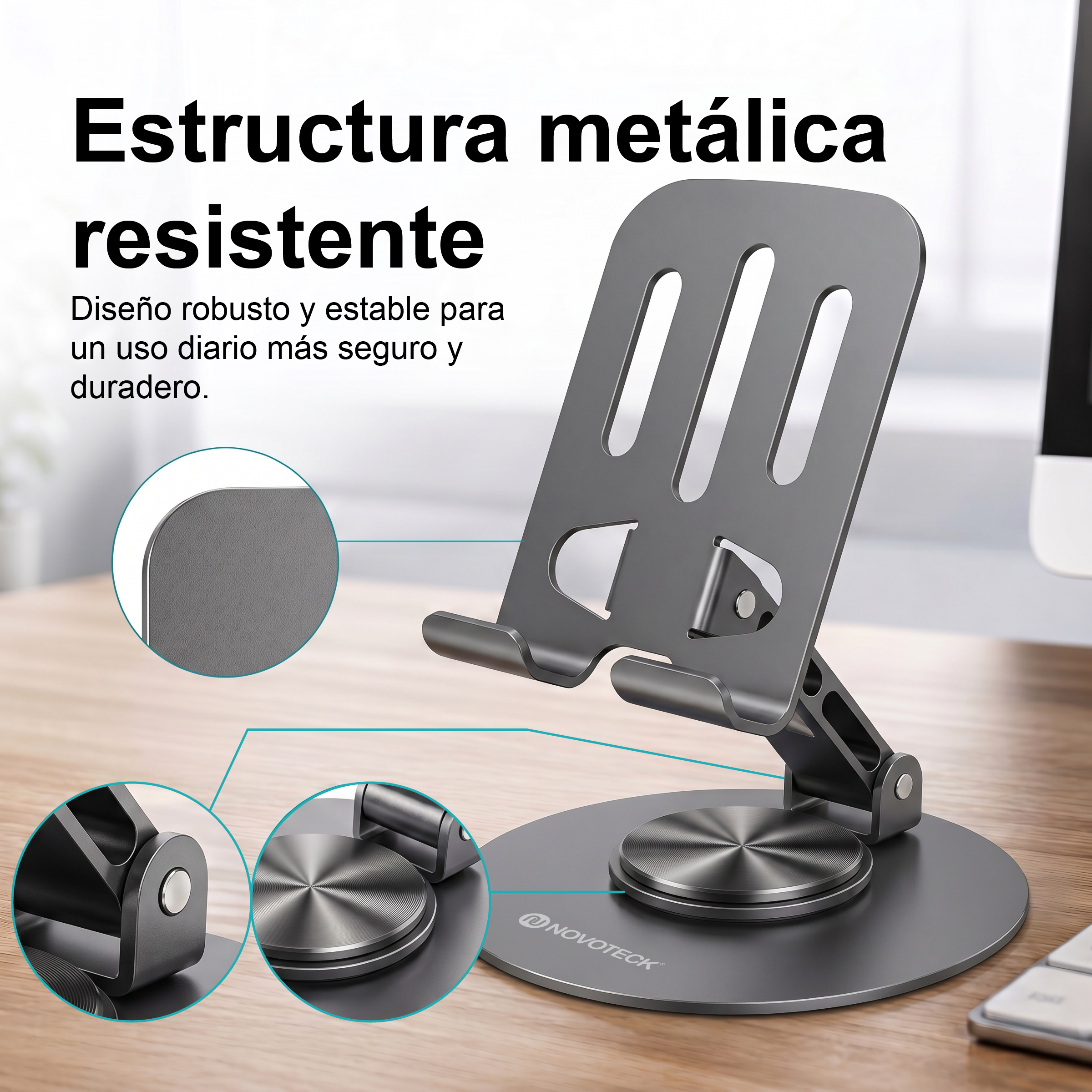 Soporte de metal gris para portátil en escritorio de madera con primeros planos de borde, bisagra y base.