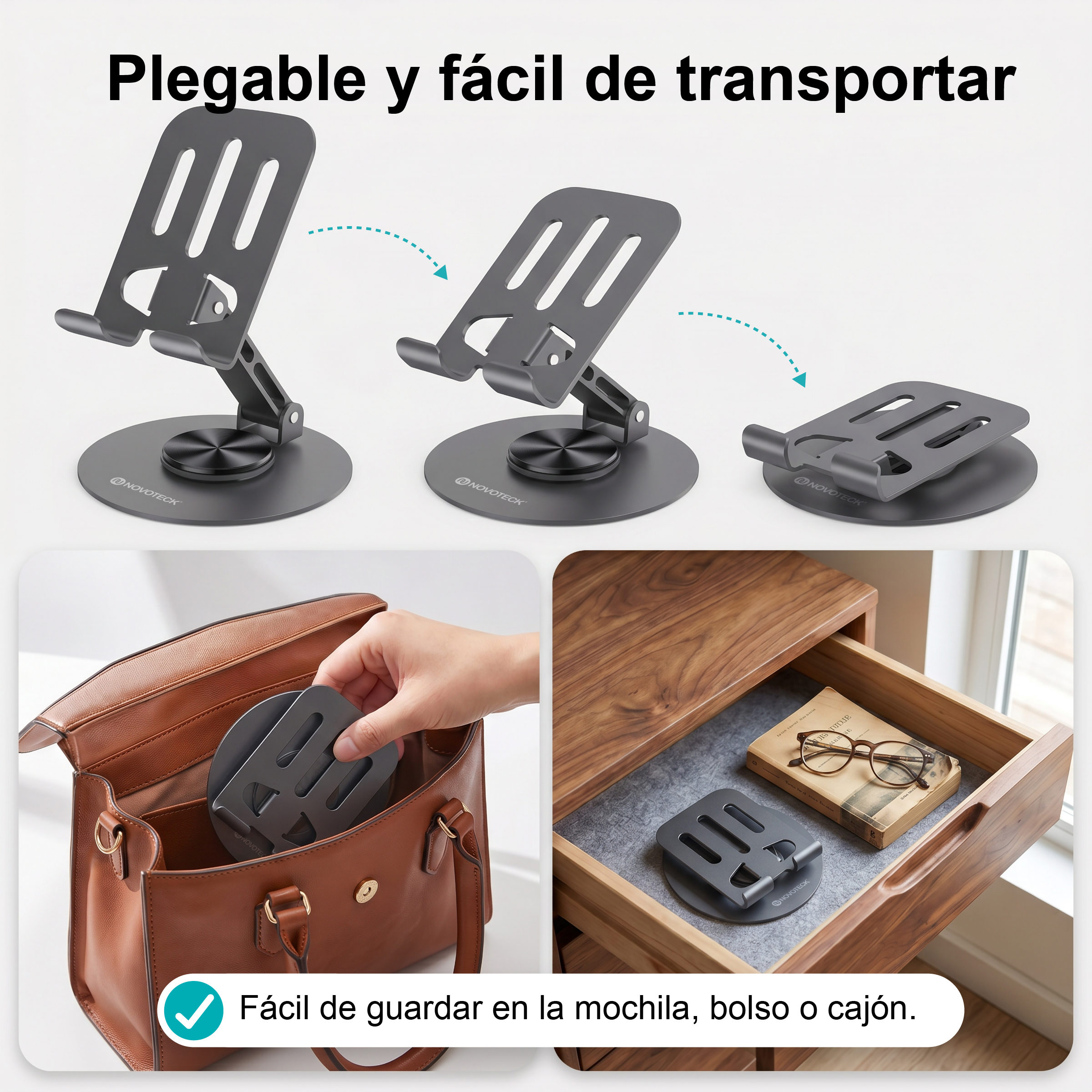 Un soporte para portátil gris, plegable y portátil, que cabe en bolsos o cajones.