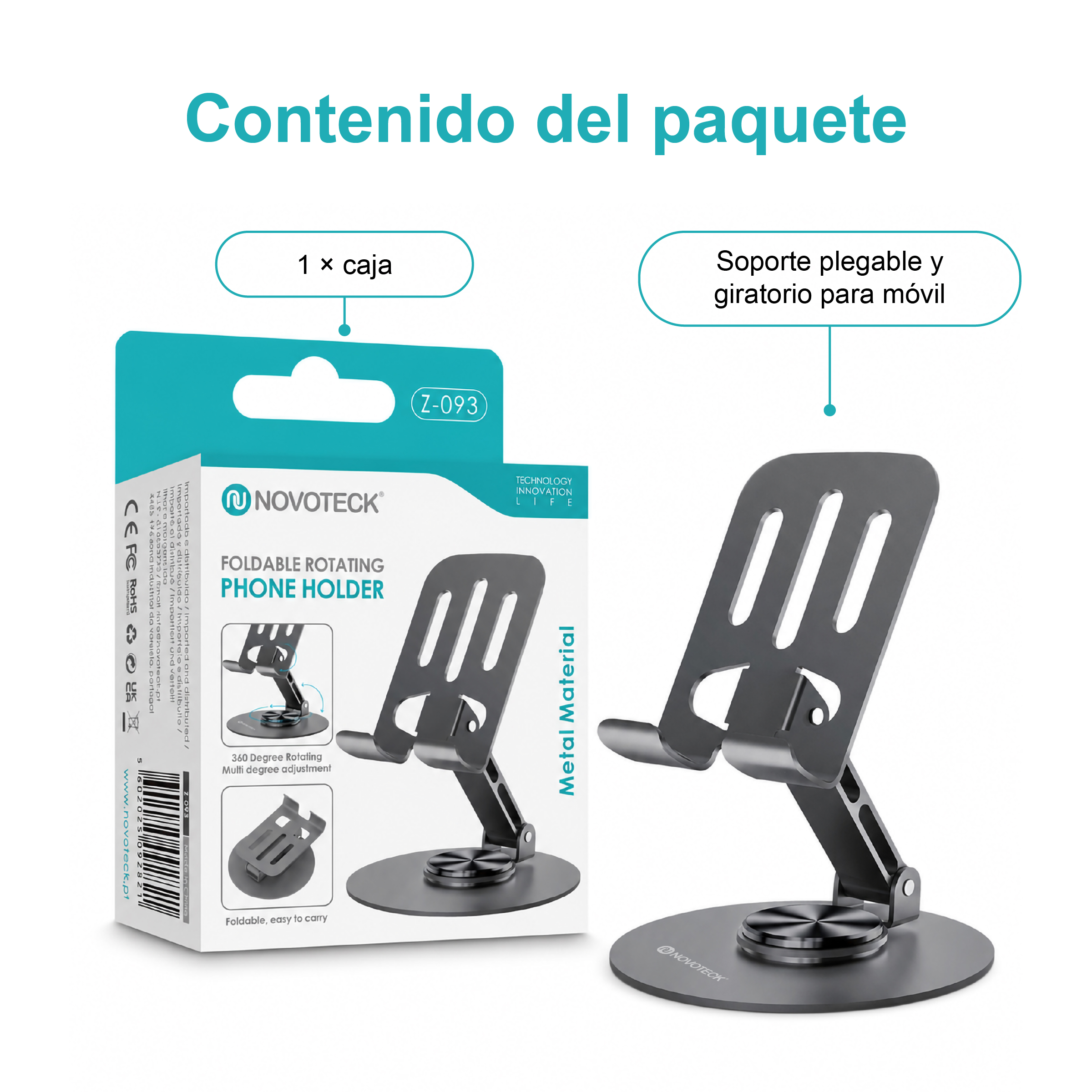 Caja de embalaje y soporte para teléfono móvil de metal gris oscuro, plegable y giratorio, con base redonda.