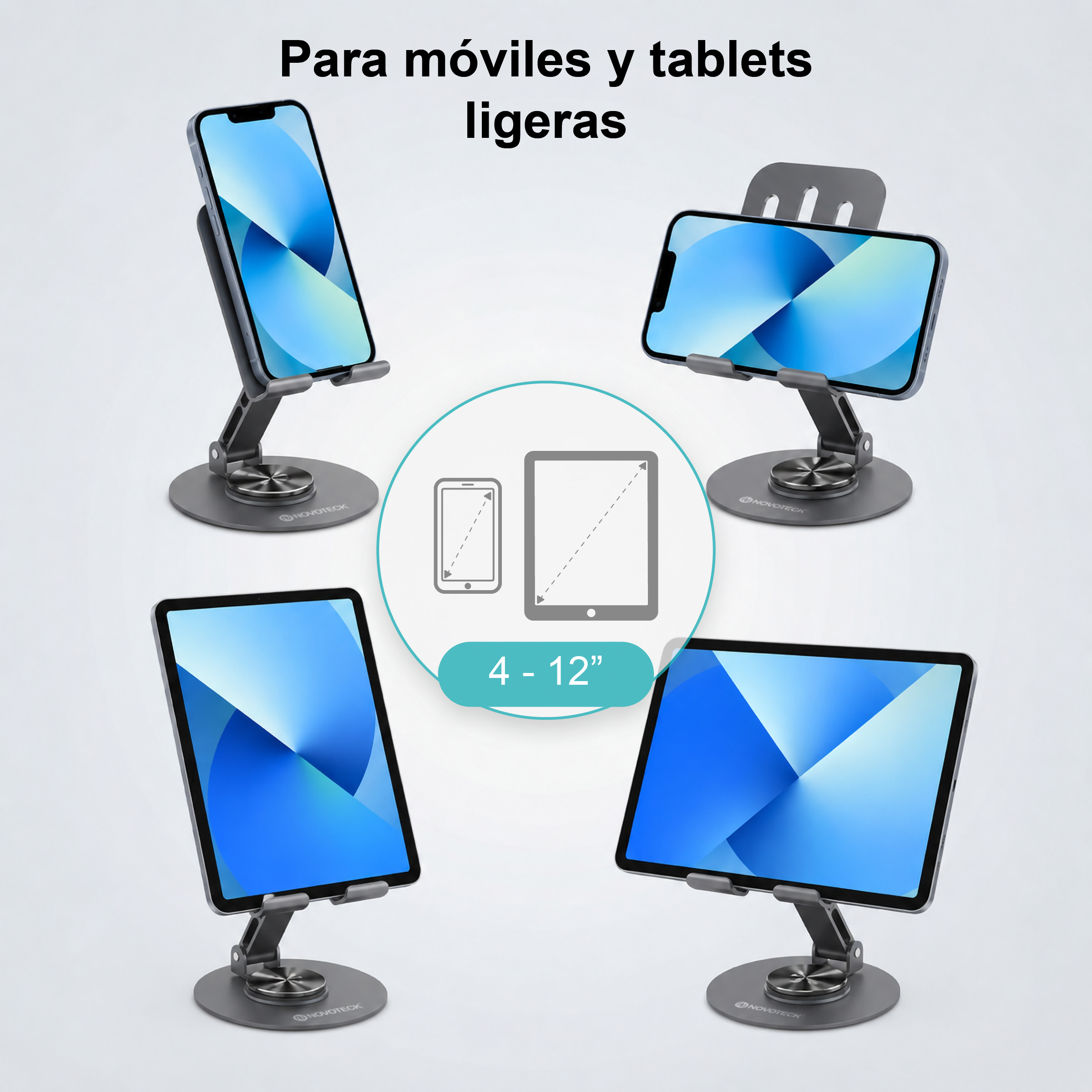 Soporte ajustable gris para móviles y tablets de 4 a 12 pulgadas sobre fondo claro.