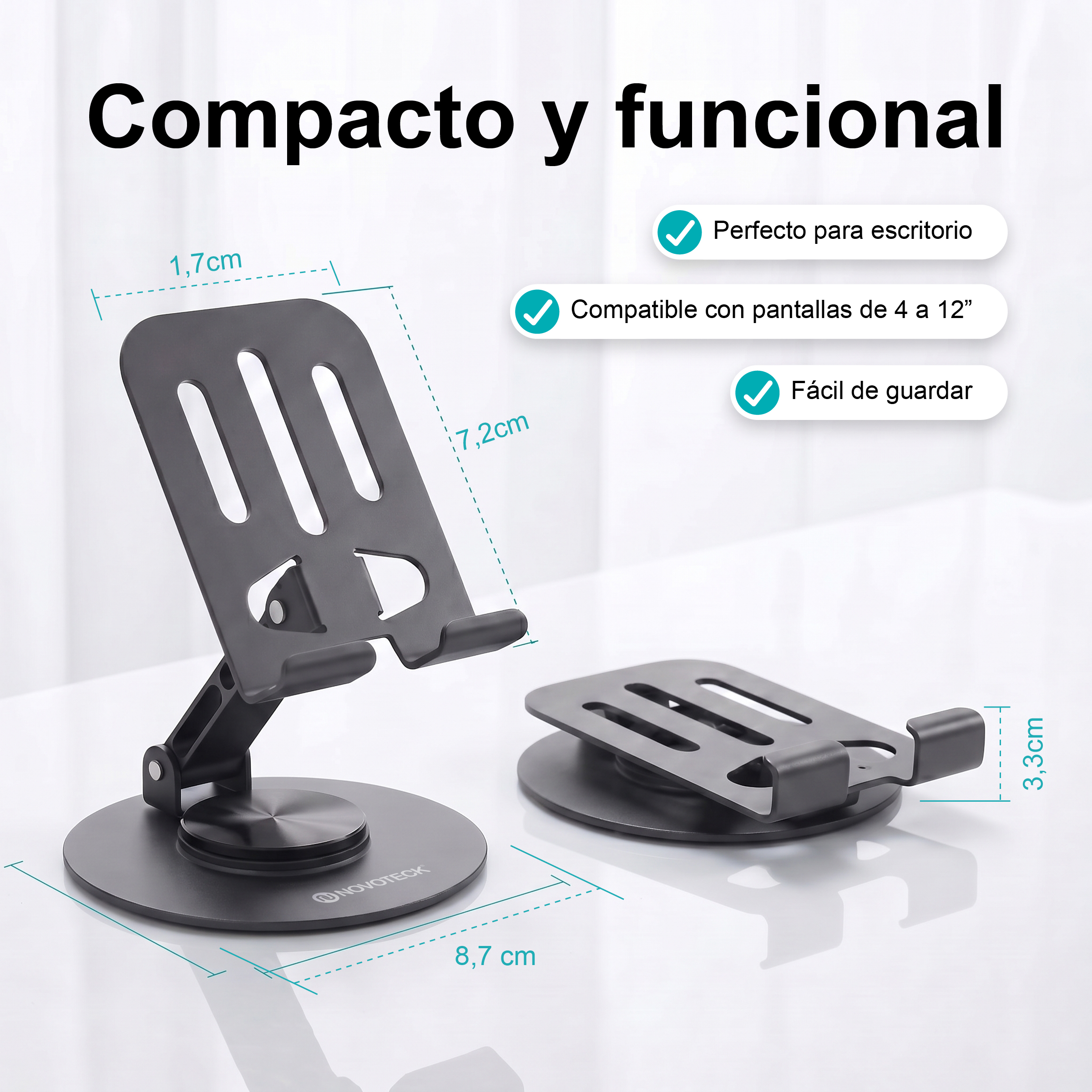 Un soporte para tablet de metal negro ajustable con medidas y texto en español.