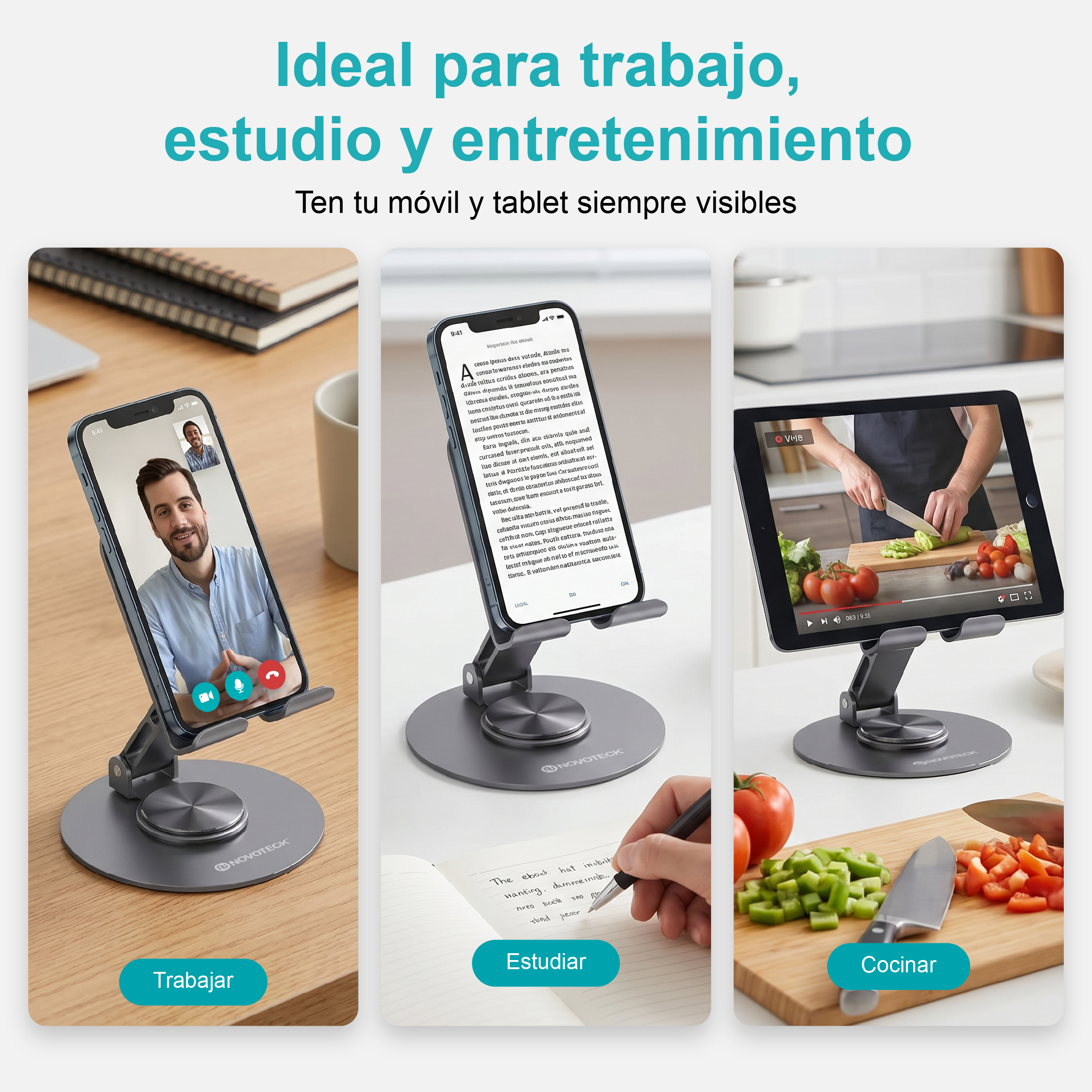Tres imágenes muestran un soporte plateado para móvil y tablet en uso para trabajo, estudio y cocina.