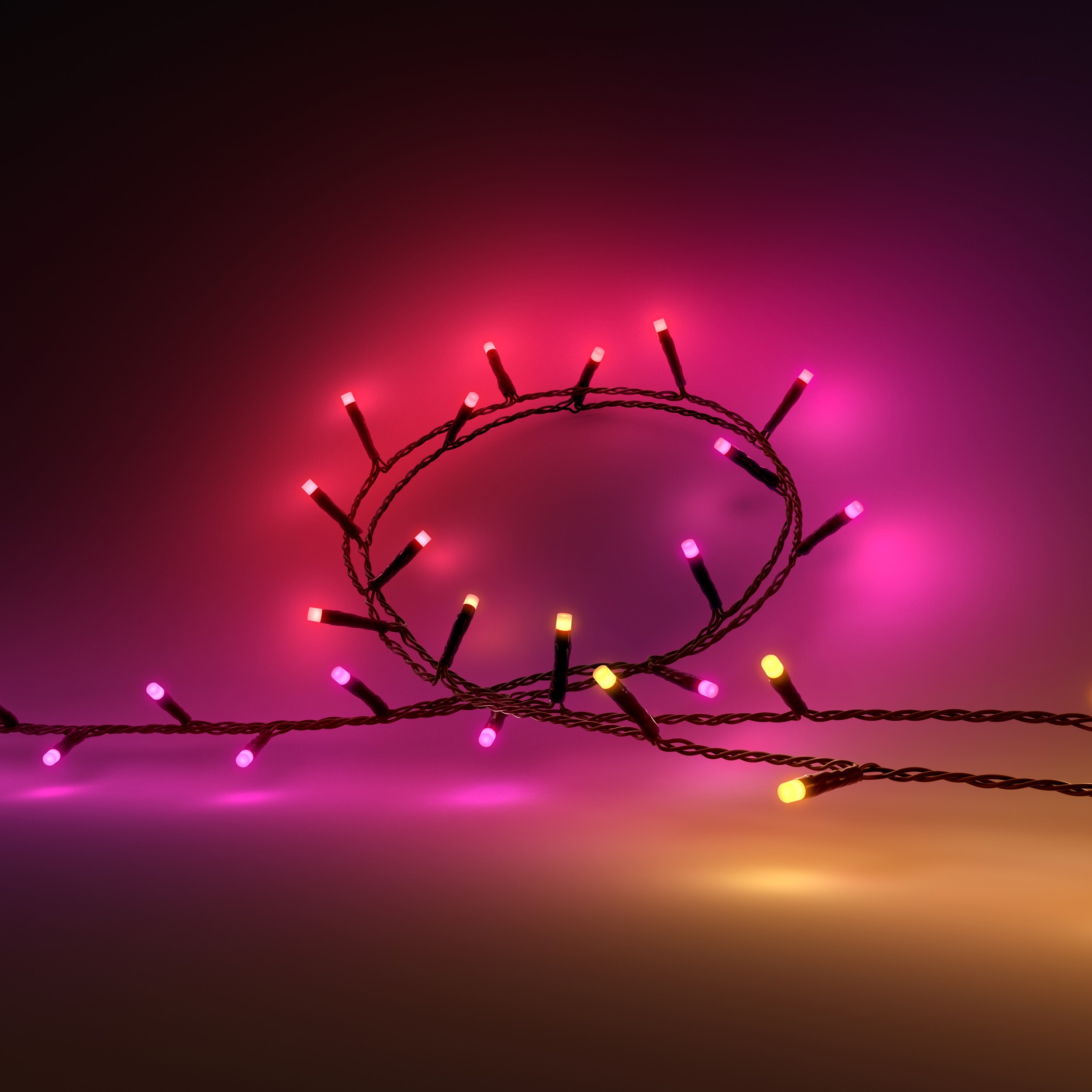 Eine Lichterkette in Schleifenform glüht in Pink und Gelb vor einem dunklen Hintergrund.