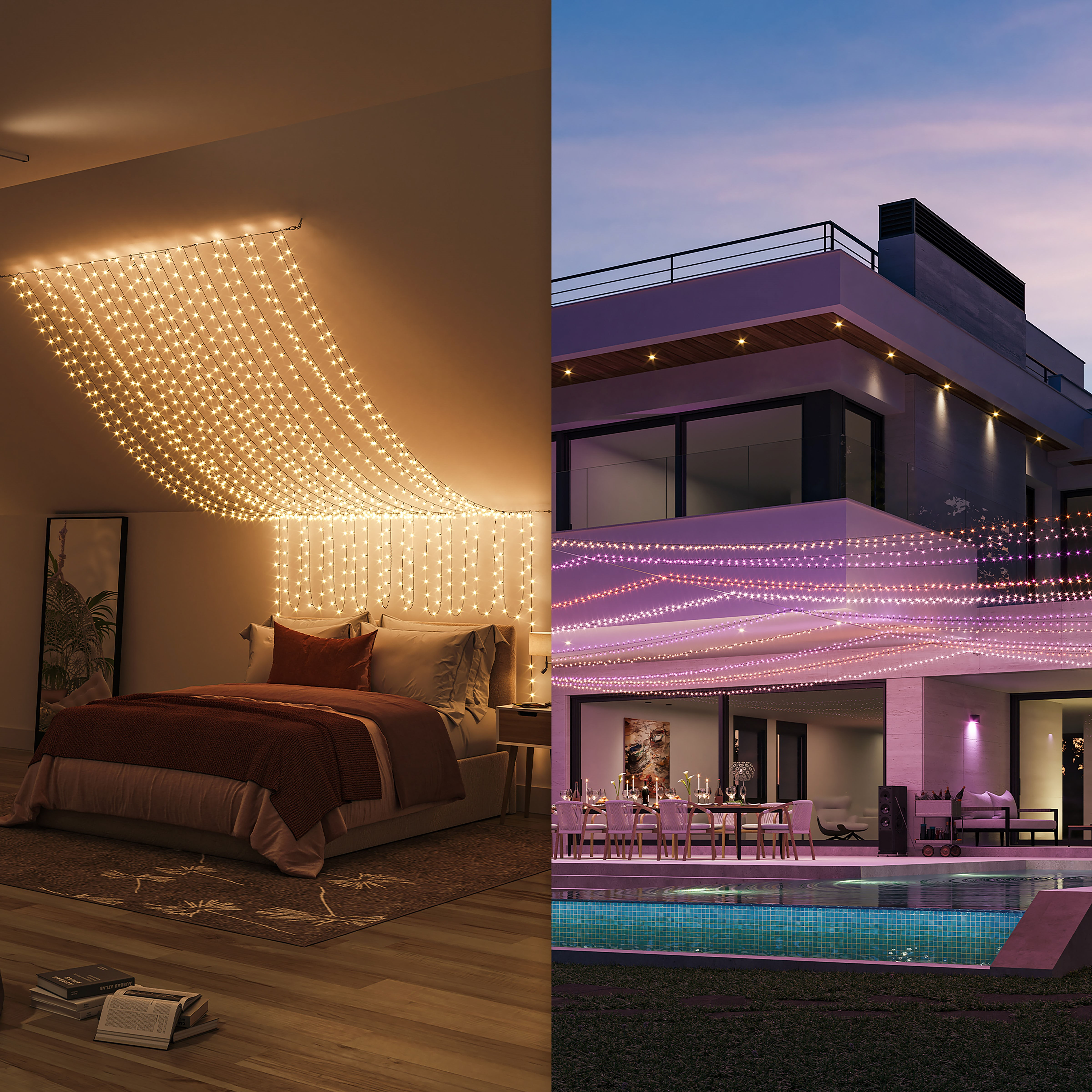 Linke Seite zeigt ein beleuchtetes Schlafzimmer, rechte Seite eine moderne Villa mit Pool und Lichterketten.
