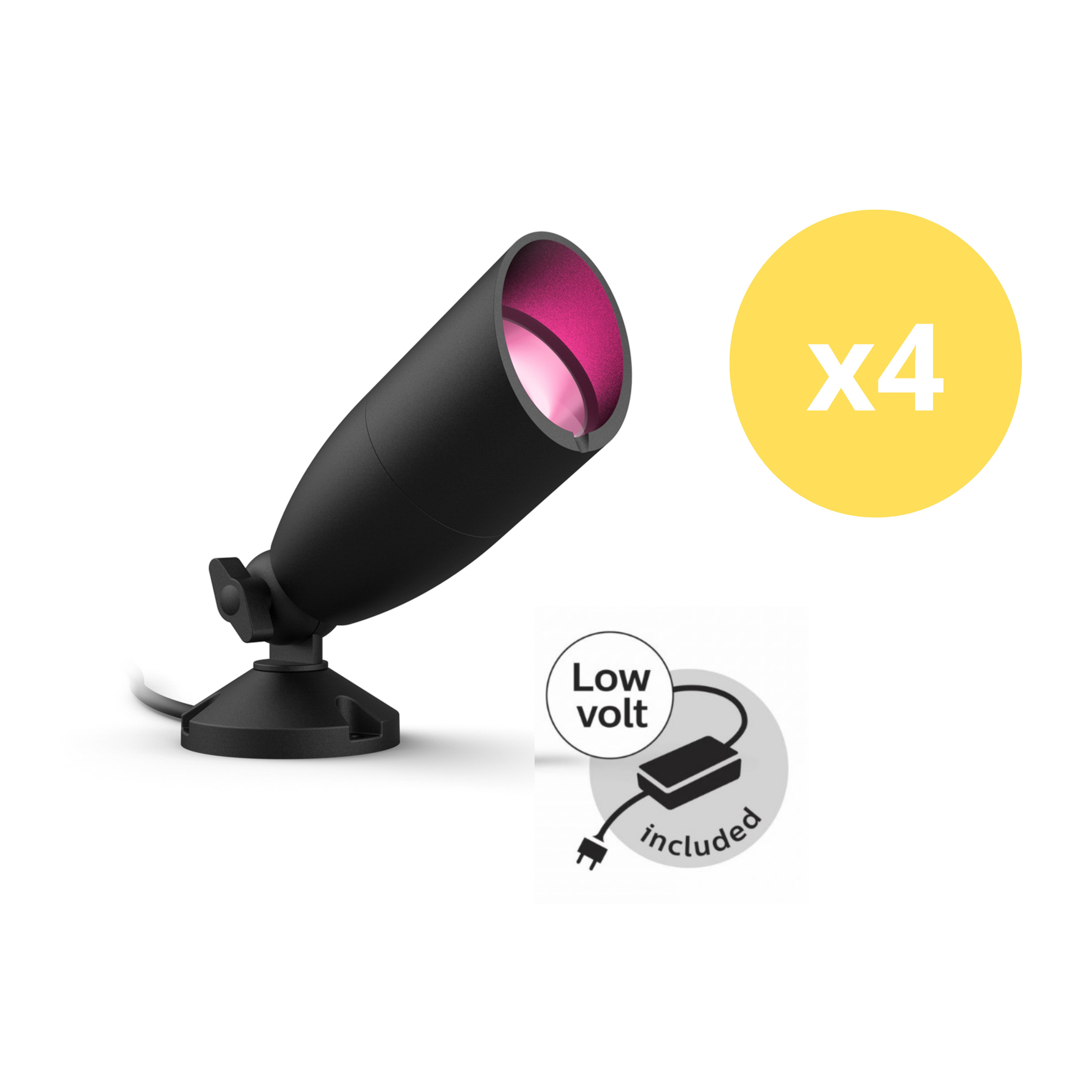 Schwarzer LED-Strahler mit pinkem Licht, einer gelben x4-Markierung und dem Hinweis Low Volt included.