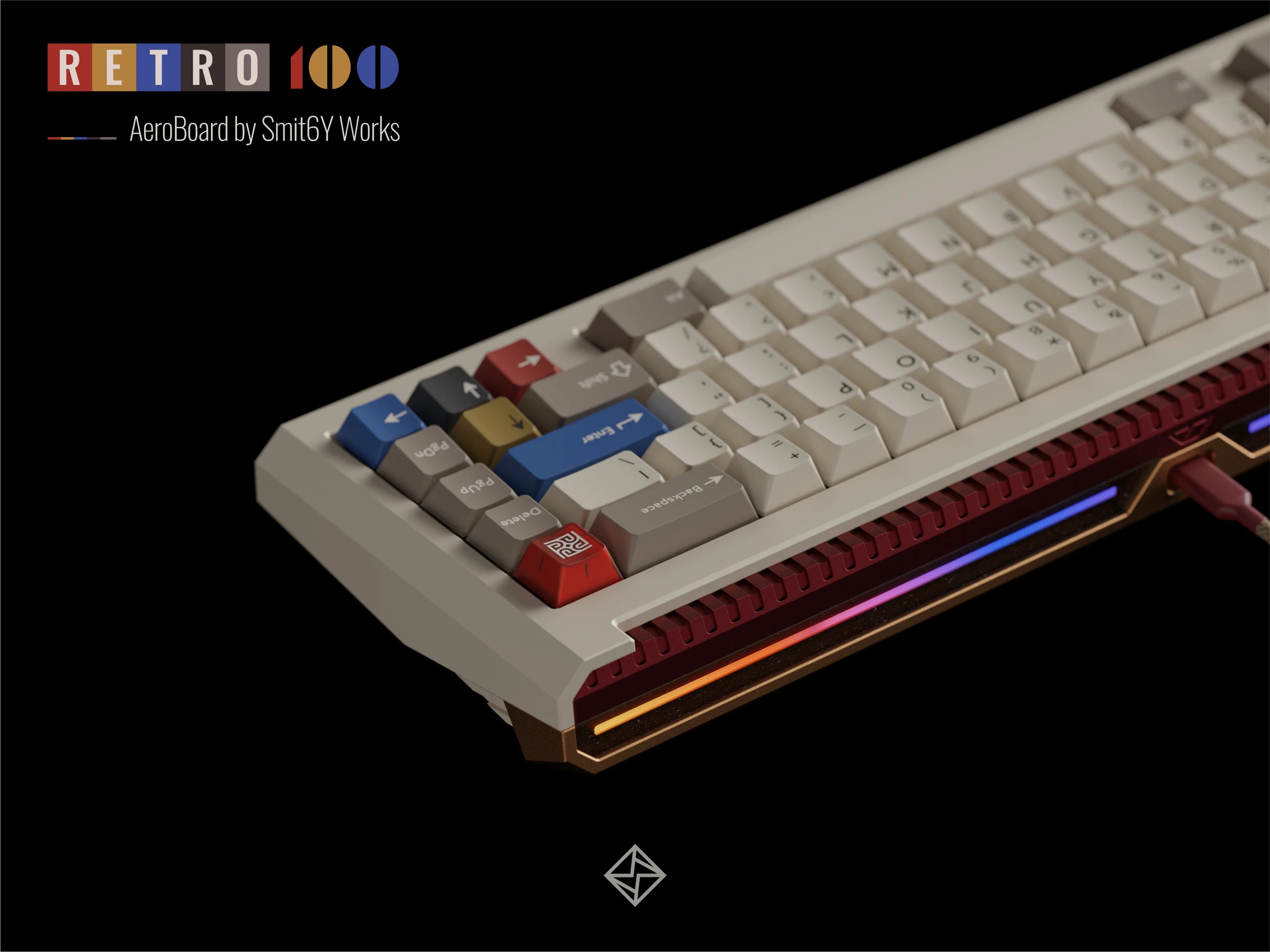 Retro mechaniczna klawiatura z beżowymi, szarymi, niebieskimi i czerwonymi klawiszami, oświetleniem RGB.