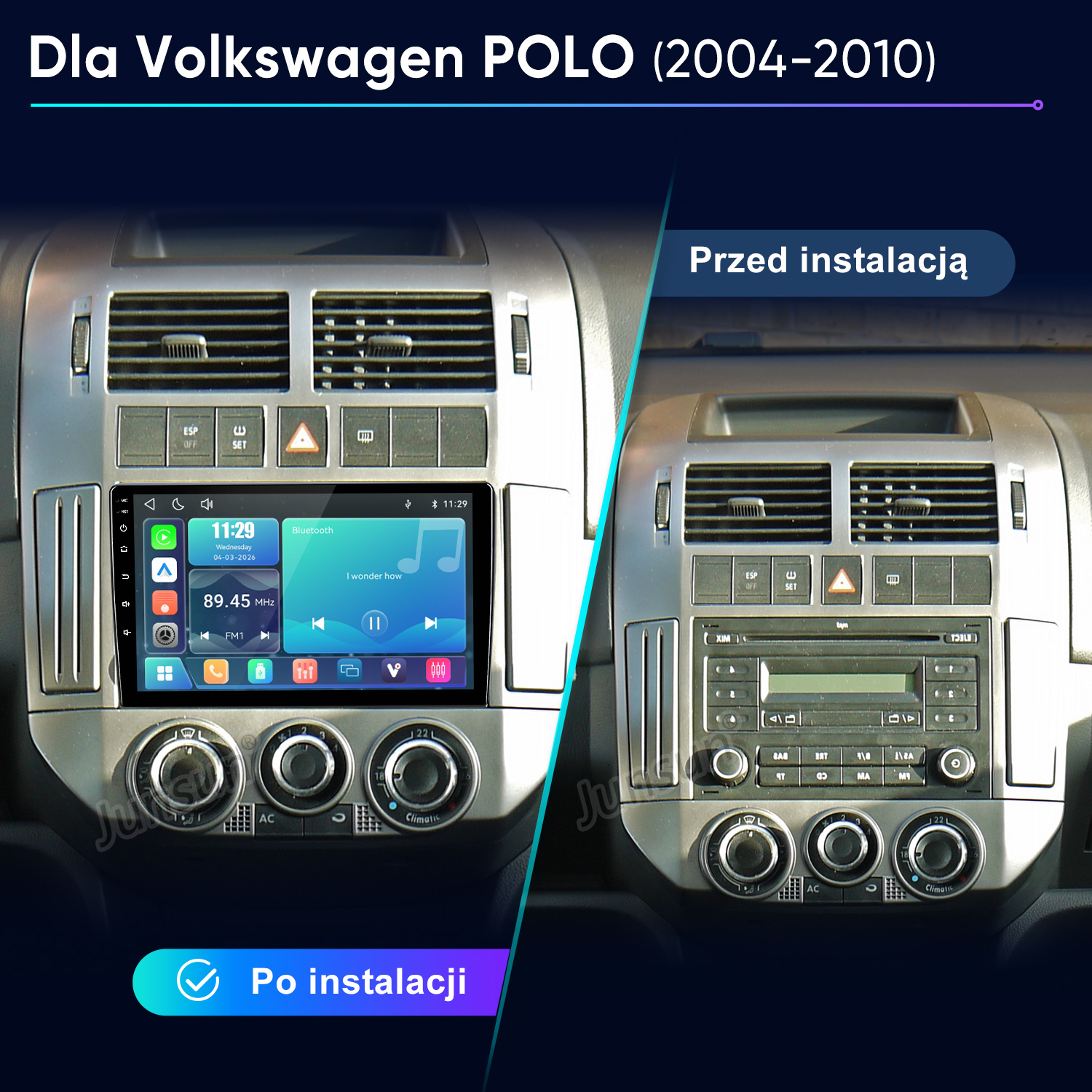 Porównanie konsoli środkowej Volkswagena Polo przed i po instalacji radia samochodowego.