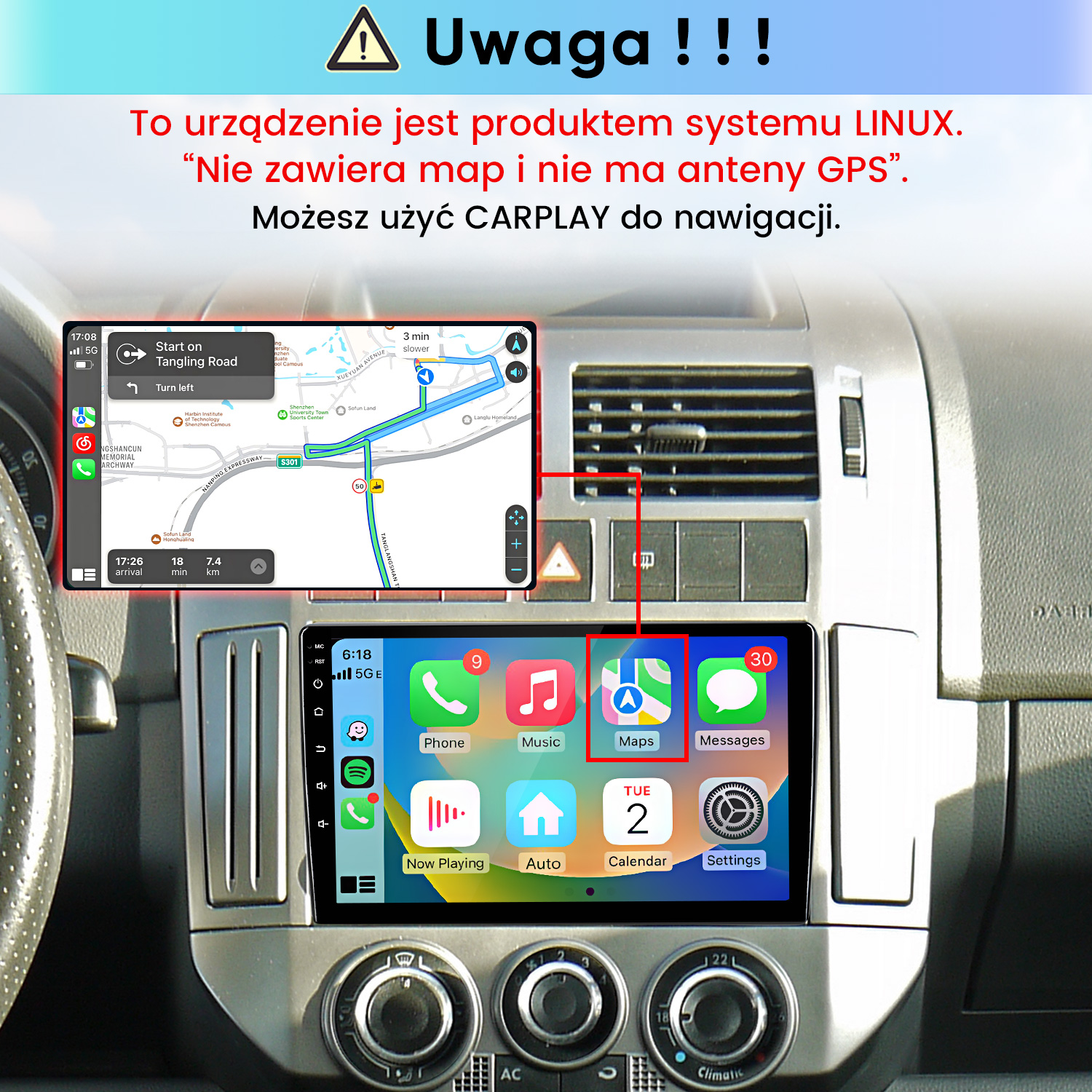 Radio samochodowe Linux na desce rozdzielczej z interfejsem CarPlay.