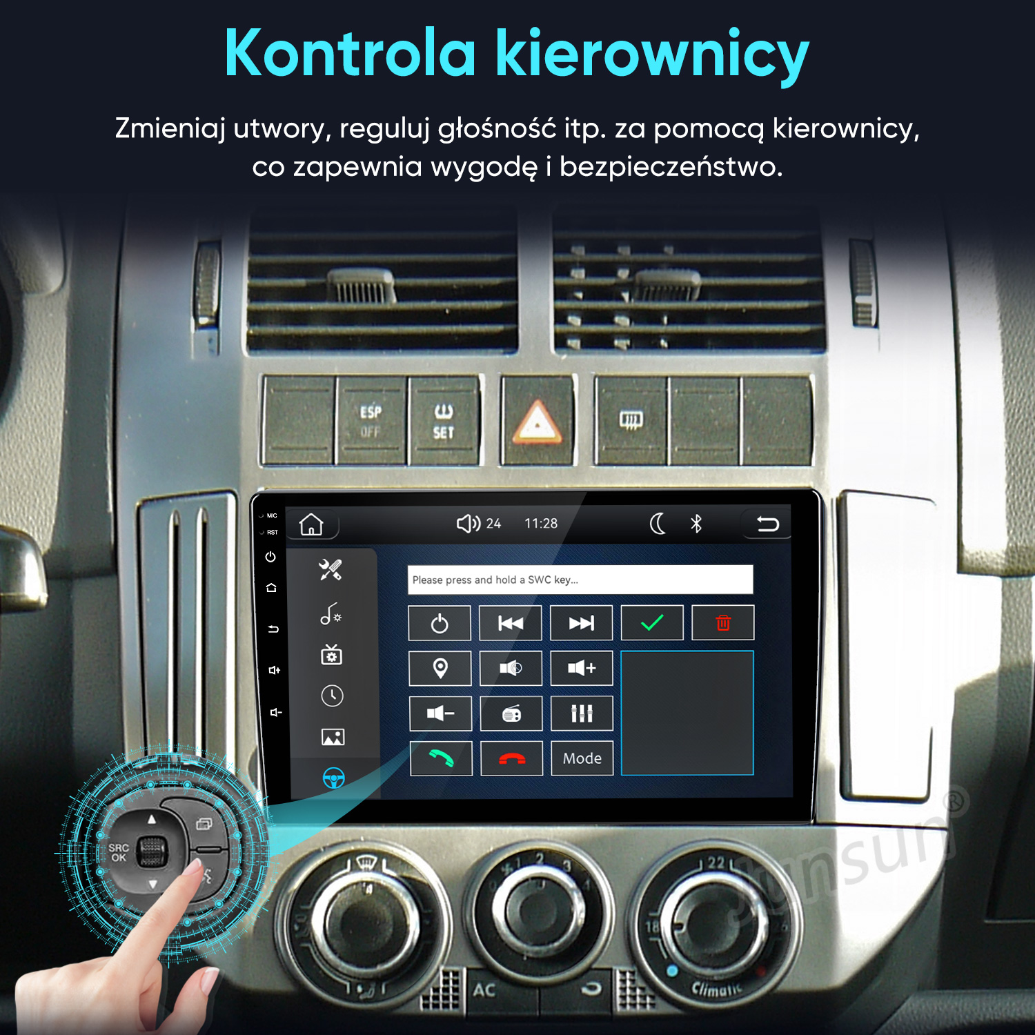 Radio samochodowe z ekranem dotykowym i sterowaniem z kierownicy.