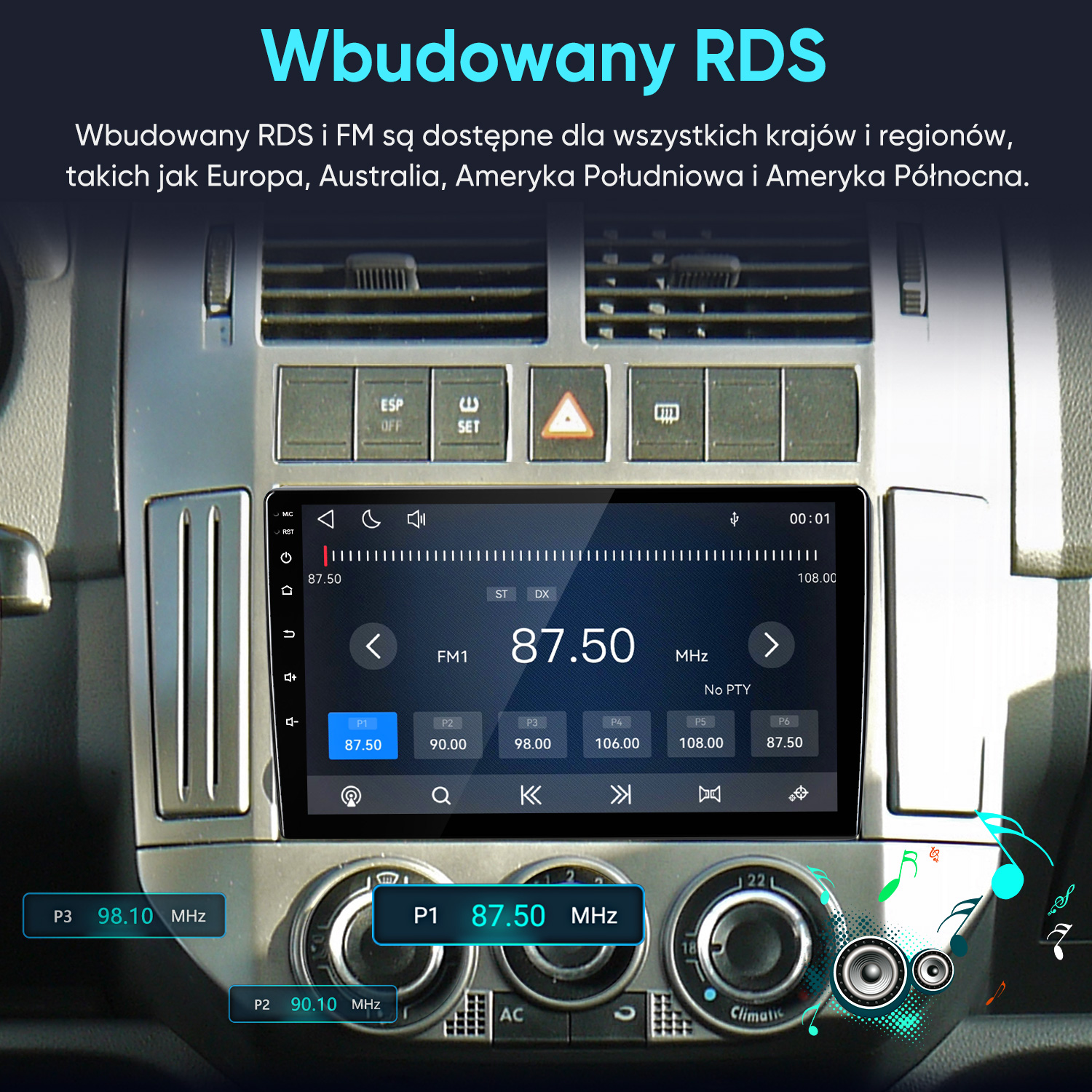 Radio samochodowe z dotykowym ekranem i tunerem FM, wbudowane w deskę rozdzielczą.