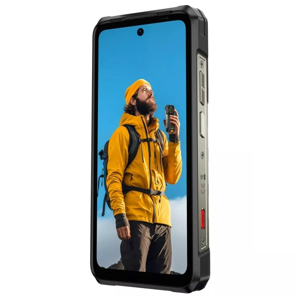 Wytrzymały smartfon wyświetla na ekranie wędrowca w żółtej kurtce.
