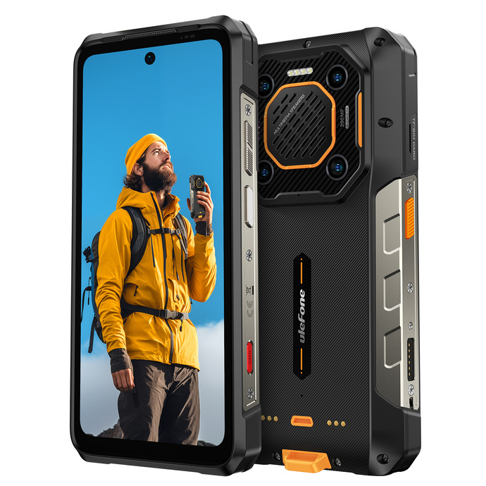 Widok z przodu i z tyłu wytrzymałego smartfona Ulefone z pomarańczowymi i czarnymi detalami.