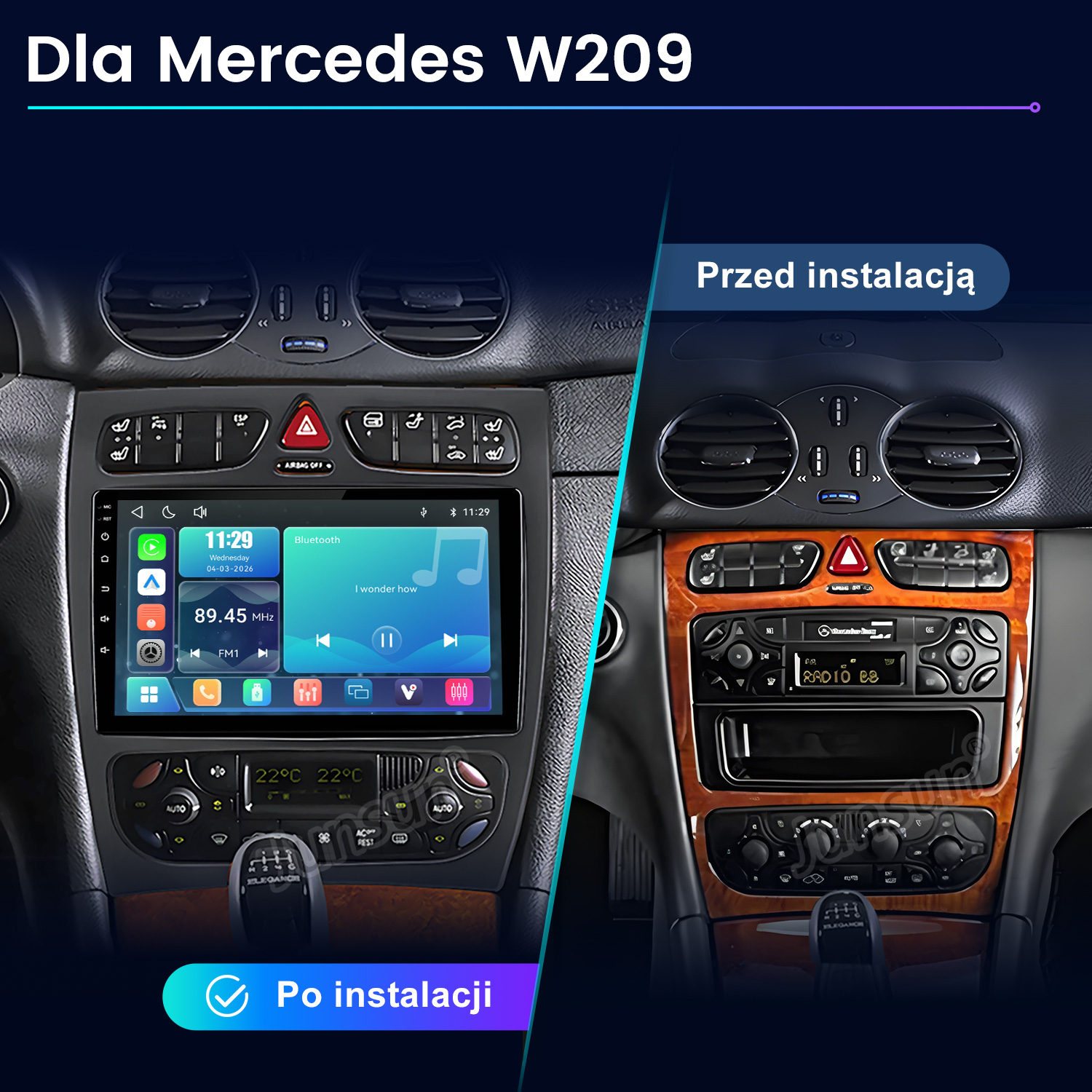 Porównanie konsoli środkowej Mercedesa W209 przed i po montażu nowego radia.