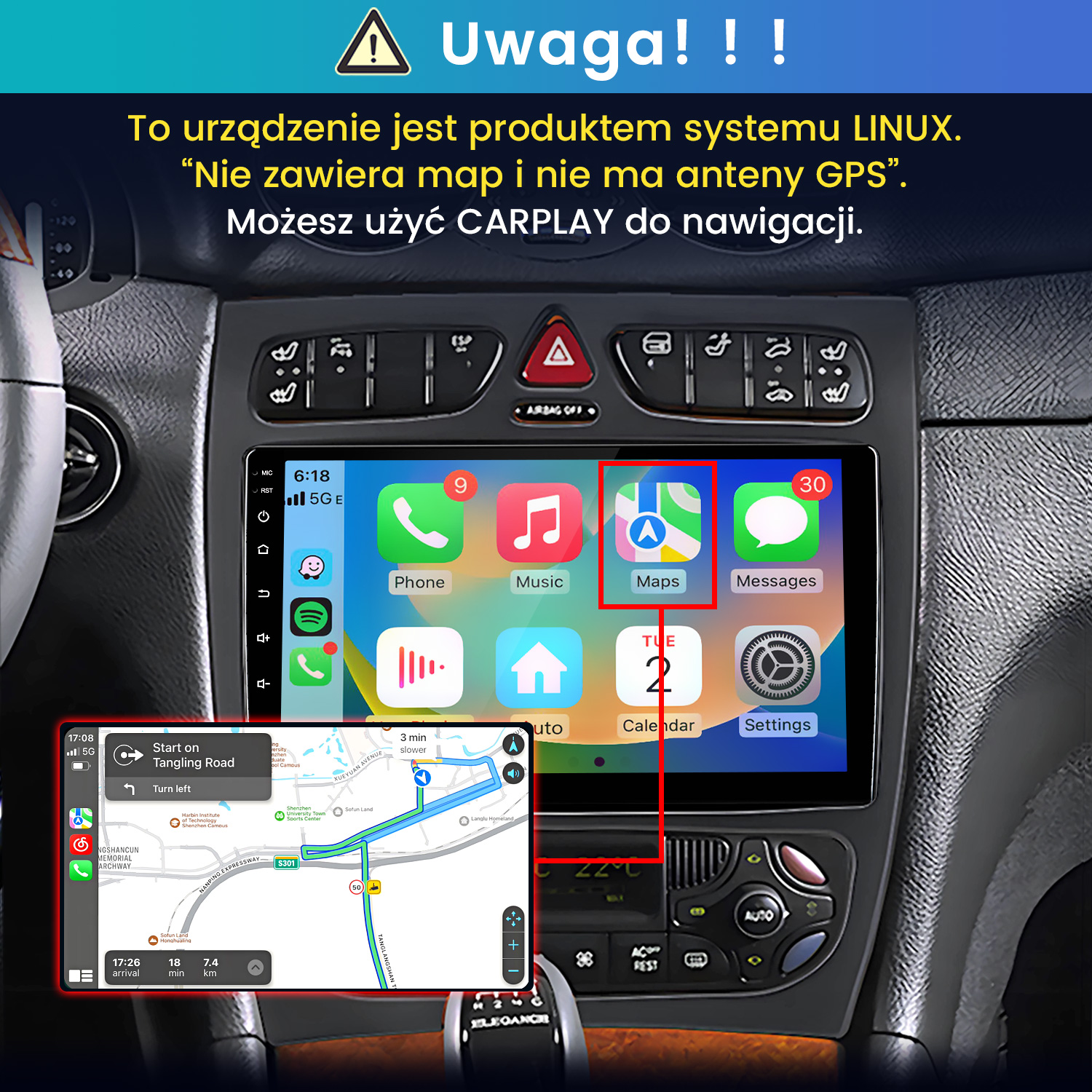 Radio samochodowe z systemem Linux, CarPlay, ikonami aplikacji i nawigacją.