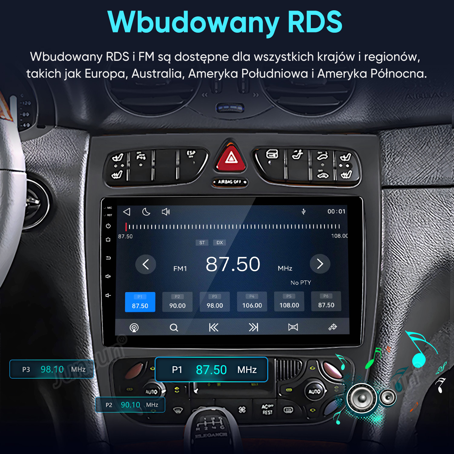 Deska rozdzielcza samochodu z cyfrowym systemem informacyjno-rozrywkowym z ekranem dotykowym i interfejsem radia FM.
