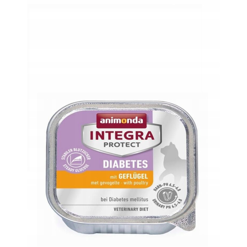 Kocia karma Animonda Integra Protect Diabetes w kwadratowej aluminiowej tacce o smaku drbiu.