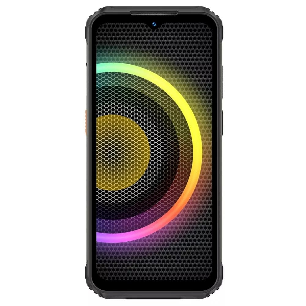 Wytrzymały smartfon wyświetla na ekranie okrągły, wielokolorowy wzór neonowego światła na tle o strukturze plastra miodu.