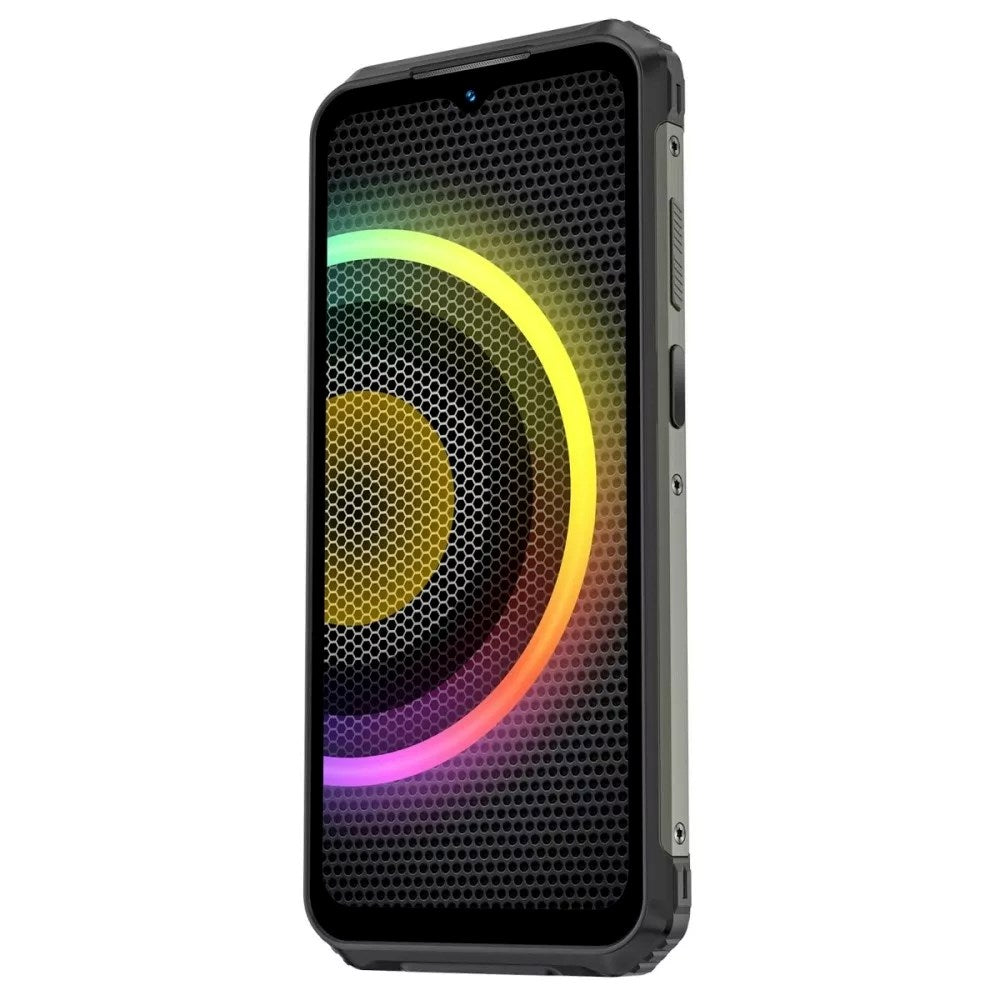 Wytrzymały smartfon w czarnej obudowie z kolorowym wzorem w kształcie pierścieni na ekranie.
