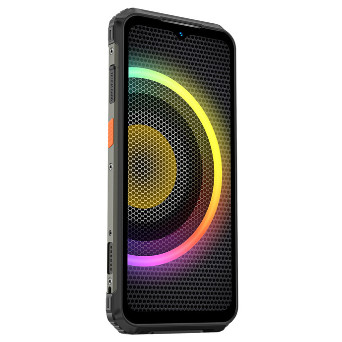 Wytrzymały czarny smartfon z zaokrąglonymi rogami i kolorowym tłem ekranu w kształcie neonowego koła.