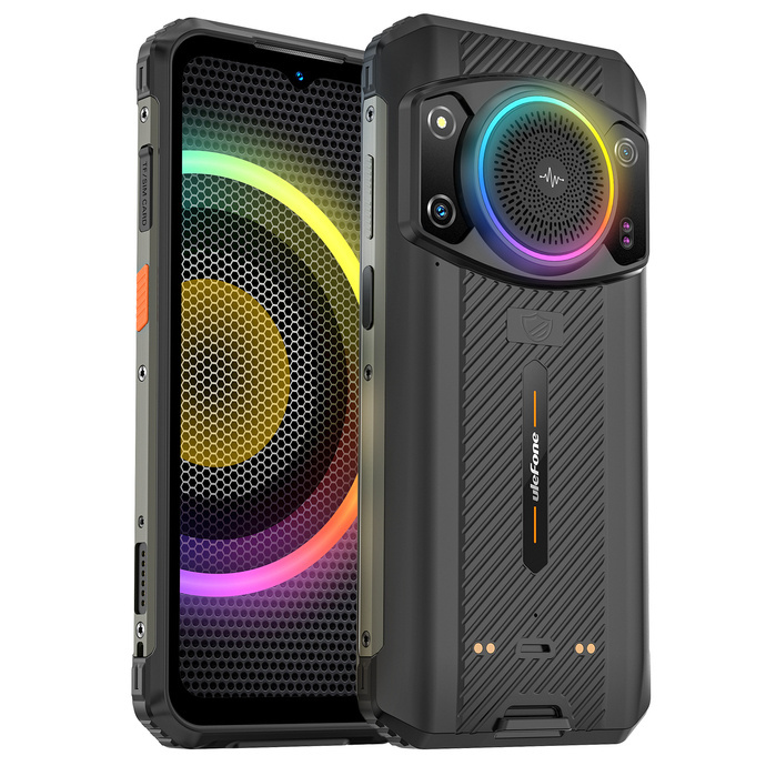 Wytrzymały, czarny smartfon Ulefone prezentuje ekran z kolorową grafiką oraz teksturowany tylny panel.