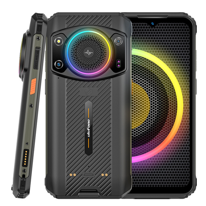 Wytrzymały czarny smartfon Ulefone pokazany z przodu, z boku i z tyłu z okrągłym głośnikiem RGB.
