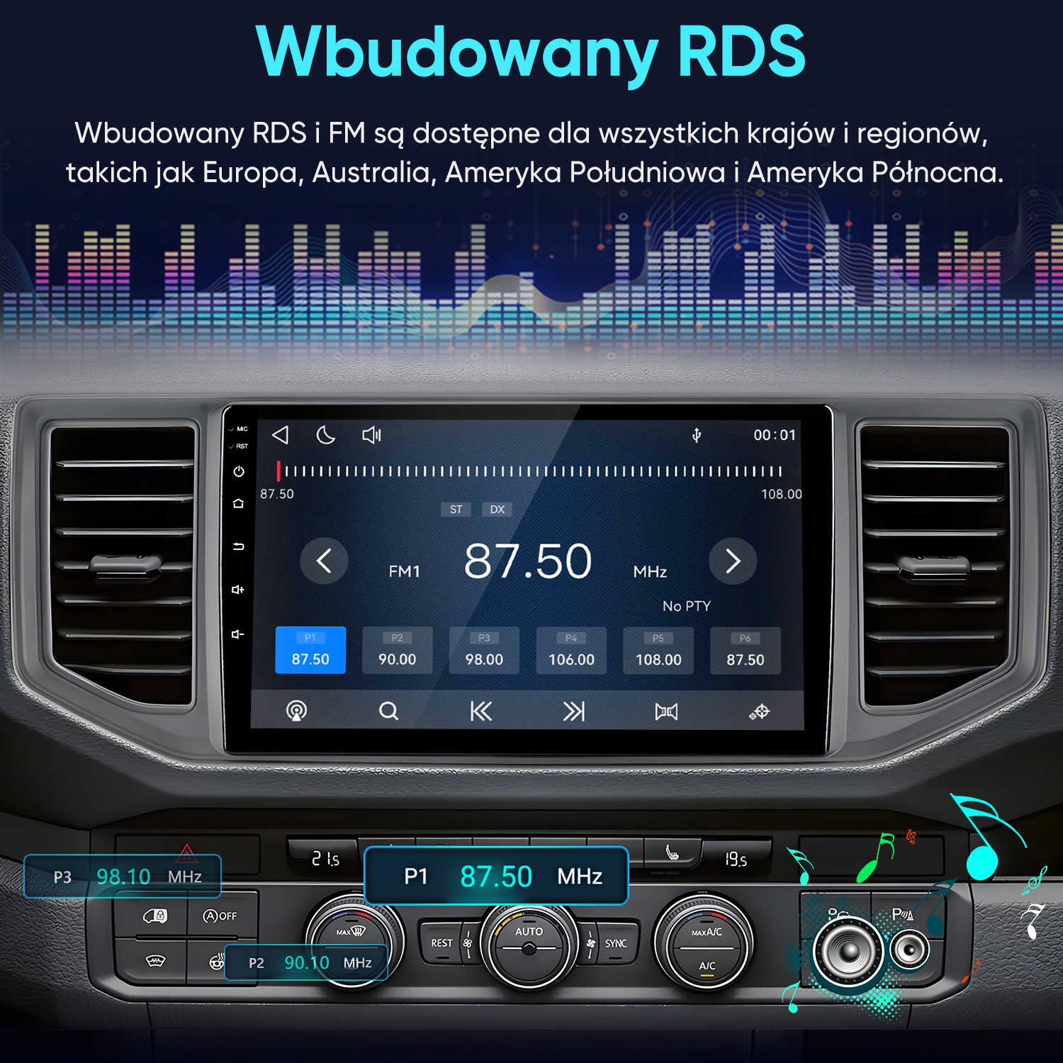 Radio samochodowe z ekranem dotykowym i tunerem FM, otoczone nawiewami i elementami deski rozdzielczej.