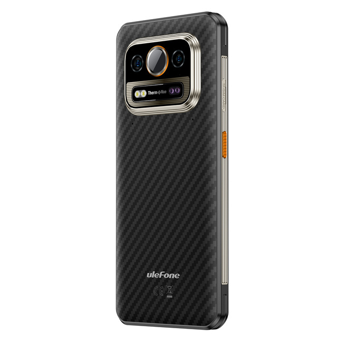 Tył smartfona Ulefone z wzorem węglowym, metalową ramką, modułem aparatu na górze i białym tłem.