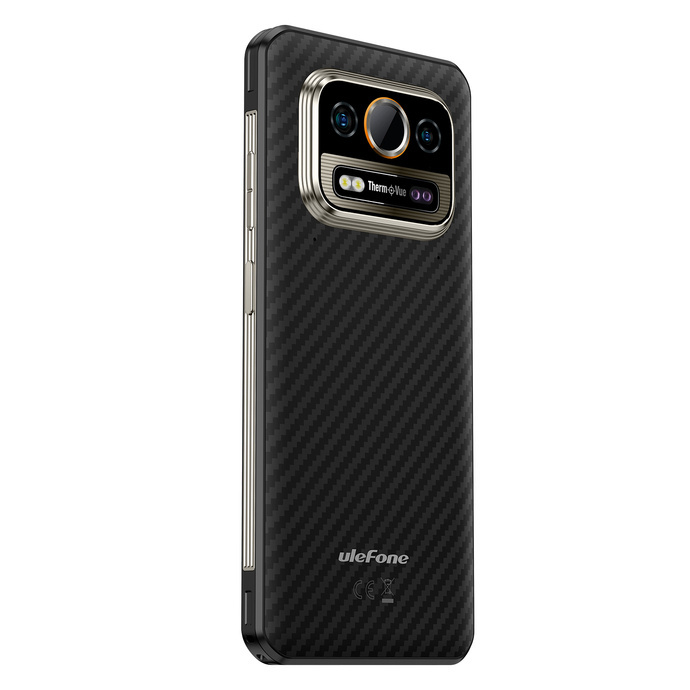 Tył czarnego smartfona Ulefone z motywem włókna węglowego i potrójnym modułem aparatu.