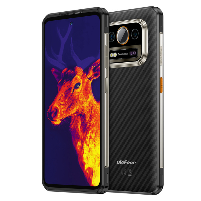 Widok z przodu i z tyłu wytrzymałego smartfona Ulefone z wzorem z włókna węglowego i jeleniem termicznym.