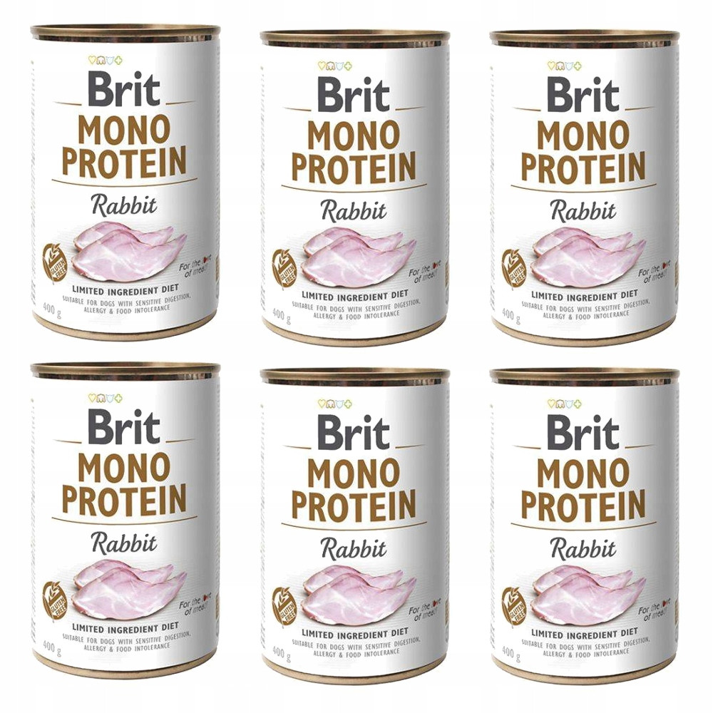 Sześć puszek karmy dla psów Brit Mono Protein Królik w dwóch rzędach.