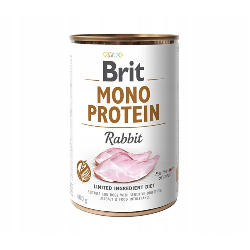 Puszka karma dla psa Brit Mono Protein z królikiem, na białym tle.