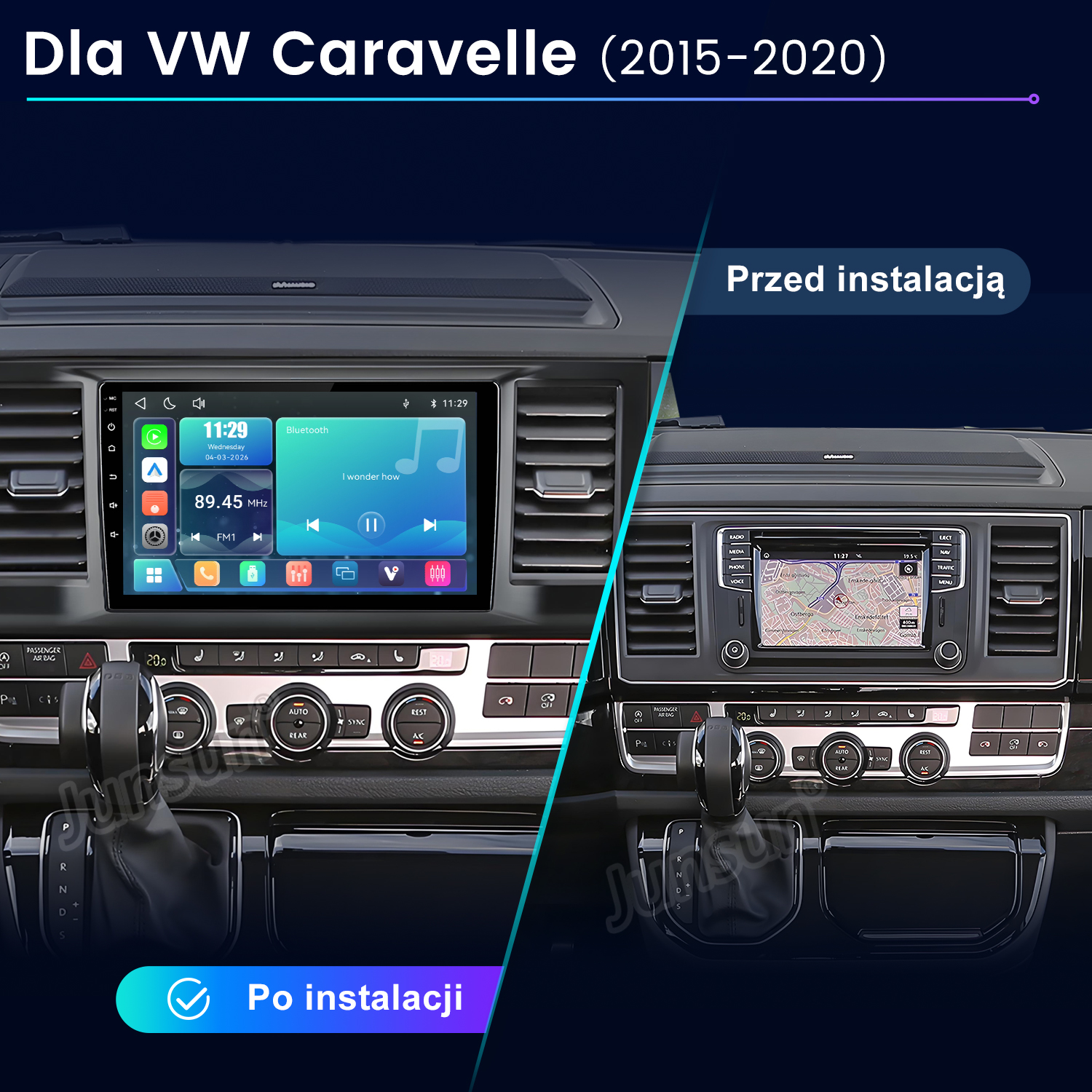Porównanie deski rozdzielczej VW Caravelle przed i po instalacji nowego ekranu multimedialnego.