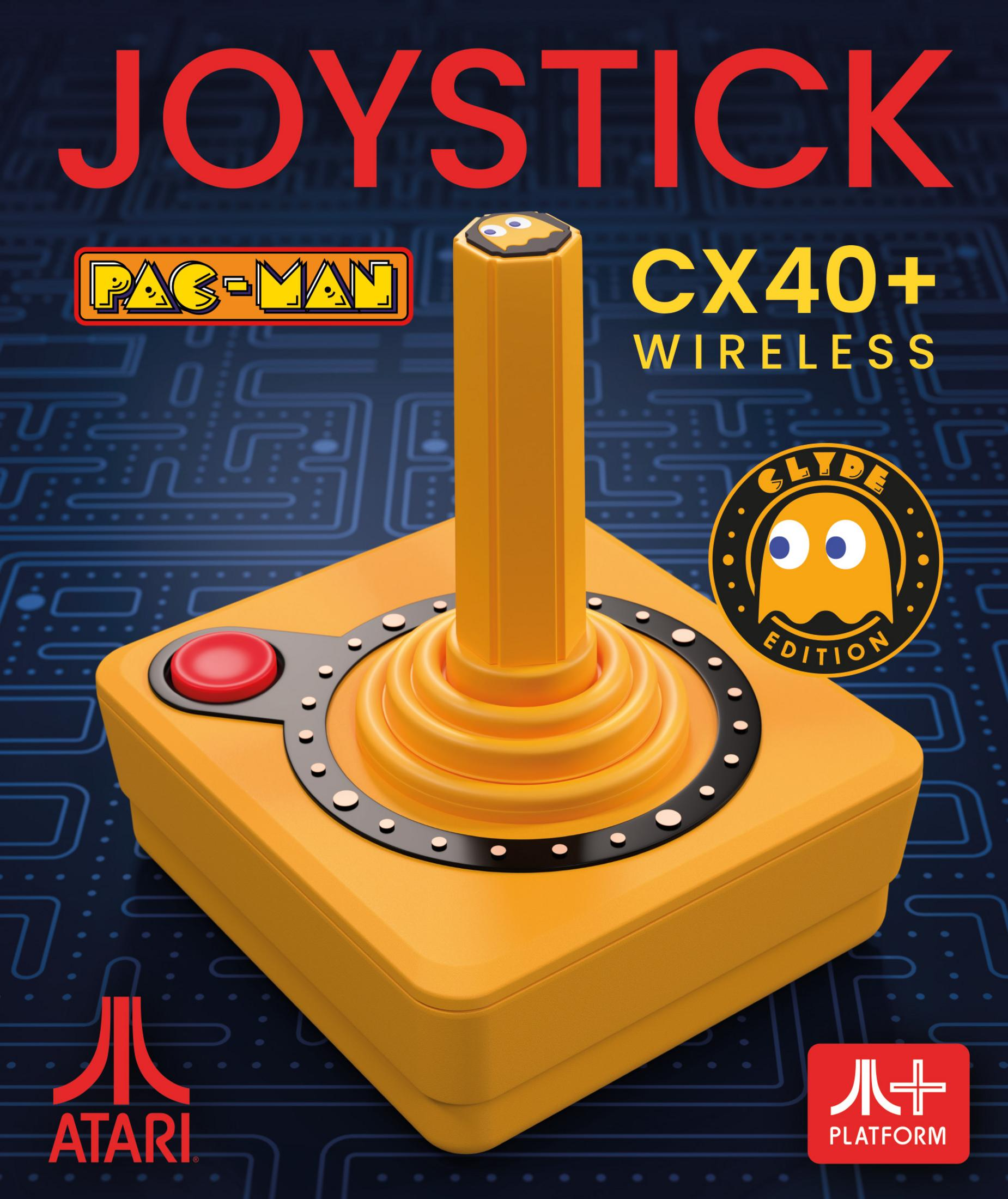 Zolty bezprzewodowy drazek sterowniczy Pac-Man CX40+ na niebieskim tle z wzorem.