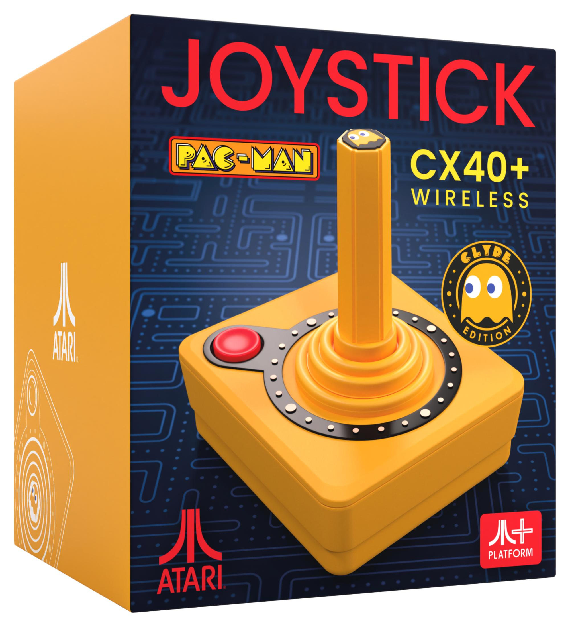 Bezprzewodowy joystick Atari CX40+ Pac-Man na opakowaniu z labiryntem i czerwonym przyciskiem.