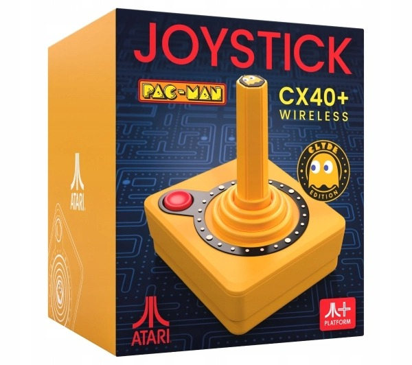Żółty bezprzewodowy joystick Atari CX40+ w pudełku edycji Pac-Man z czerwonym przyciskiem.