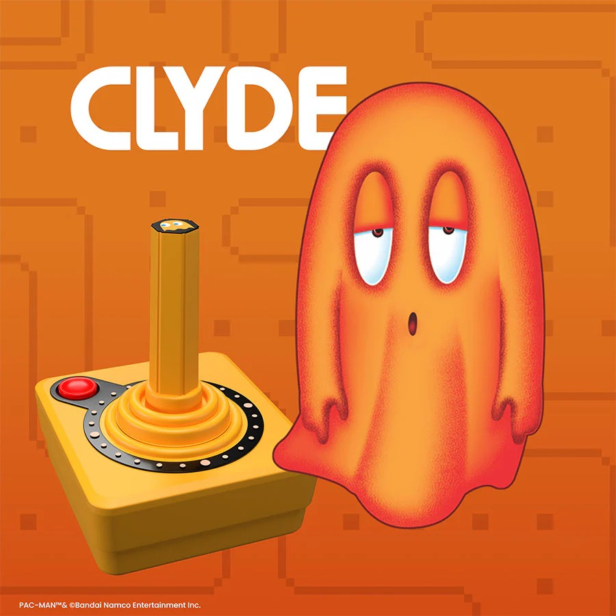 Grafika przedstawiająca pomarańczowego ducha Clyde'a z Pac-Mana obok żółtego joysticka na pomarańczowym tle.